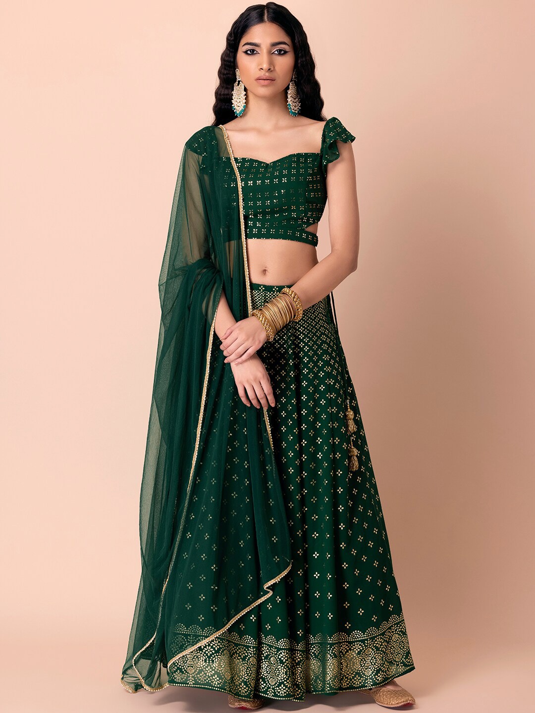 

Indya Luxe Green & Gold-Toned Embroidered Lehenga & Blouse With Dupatta