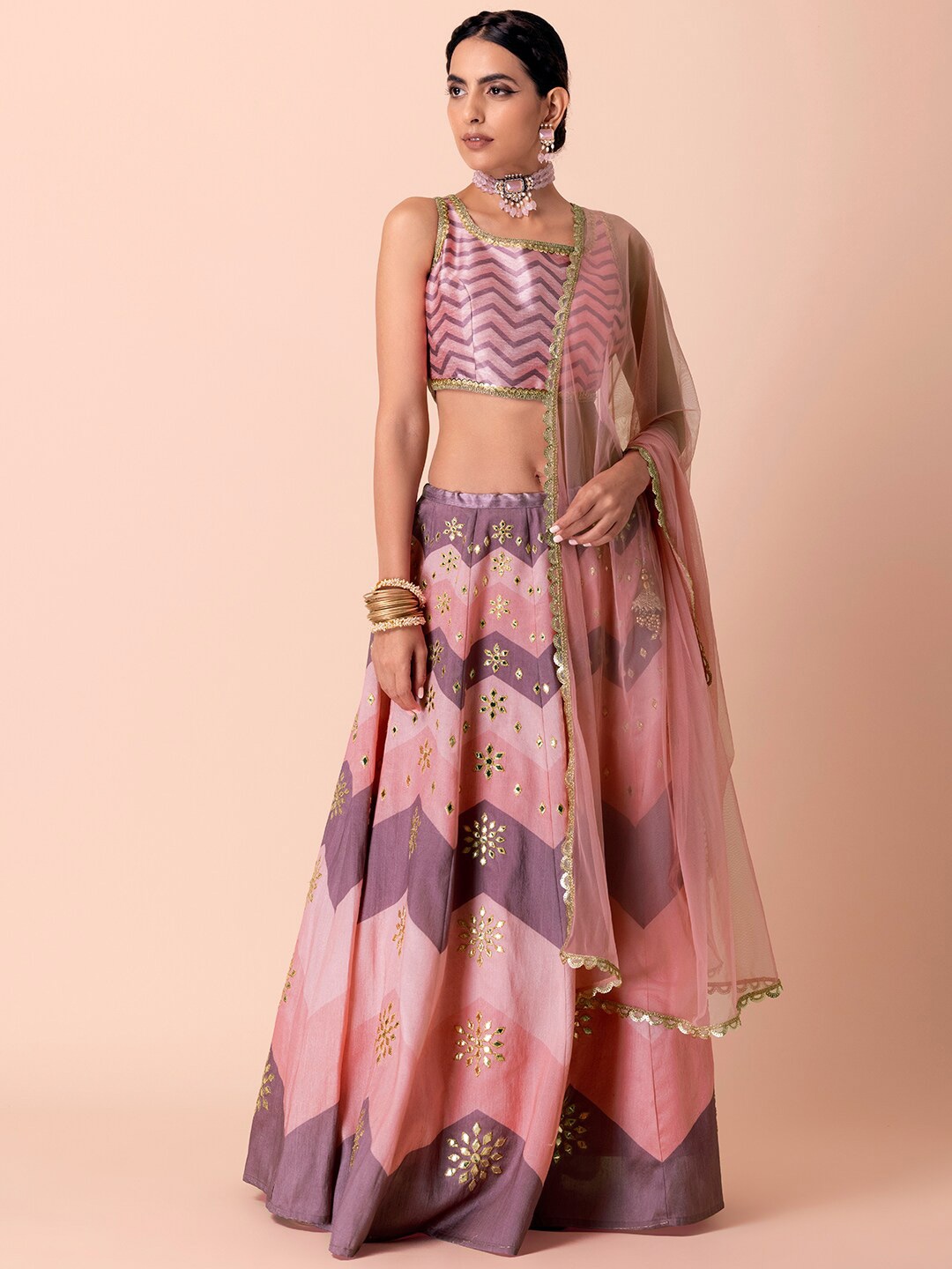 

Indya Luxe Pink & Purple Embellished Lehenga & Blouse With Dupatta