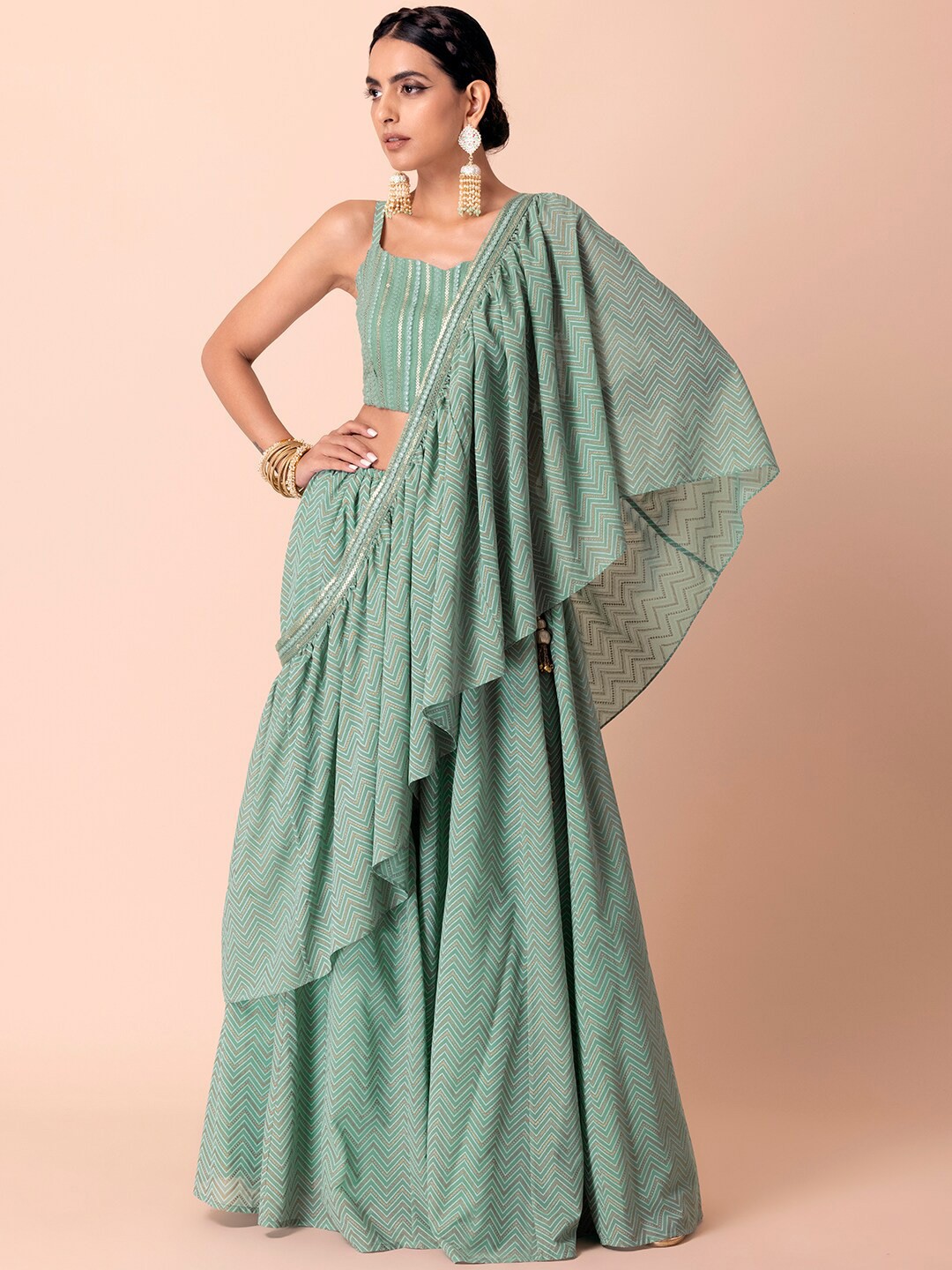 

Indya Luxe Green Embroidered Sequinned Lehenga & Blouse With Dupatta
