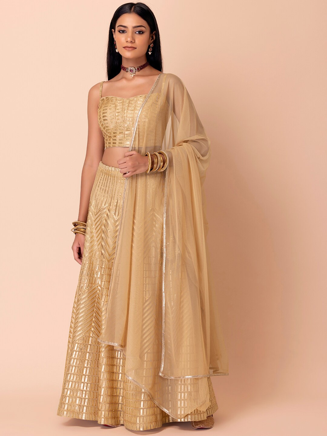 

Indya Luxe Gold-Toned Printed Lehenga & Blouse With Dupatta