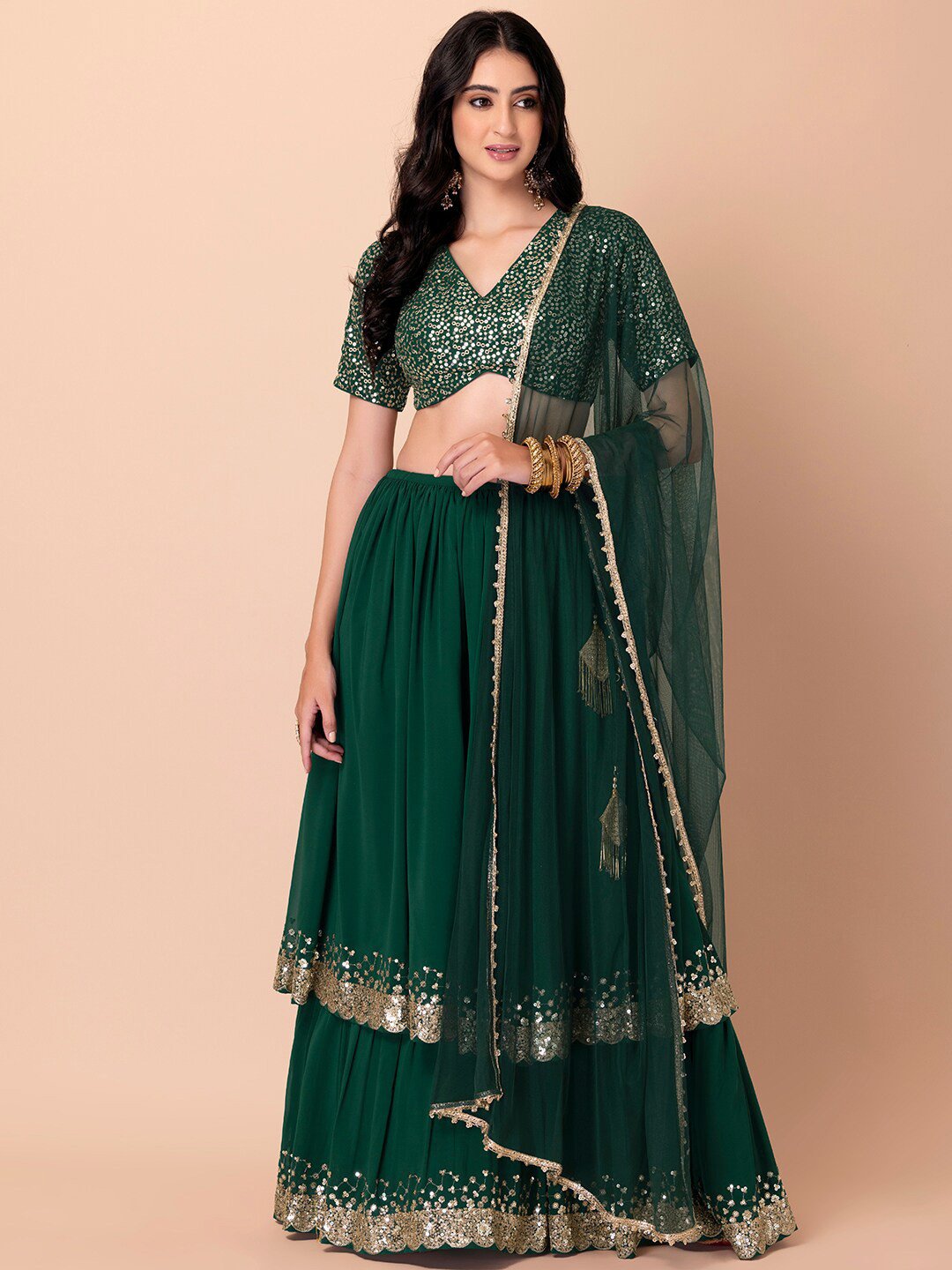 

Indya Luxe Green & Gold-Toned Embellished Lehenga & Blouse With Dupatta