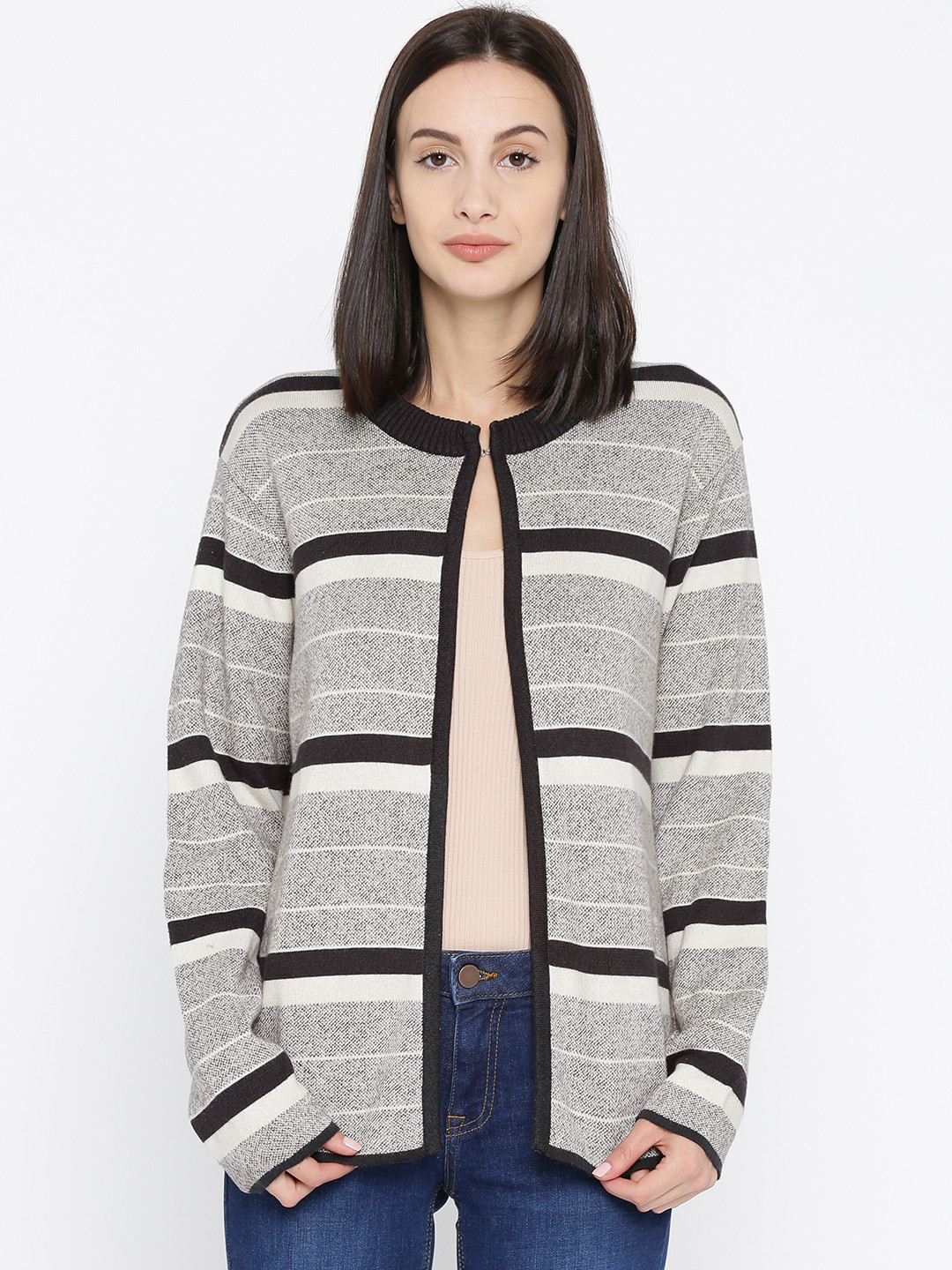 

Annabelle by Pantaloons Women Grey & Off-White Striped Cardigan