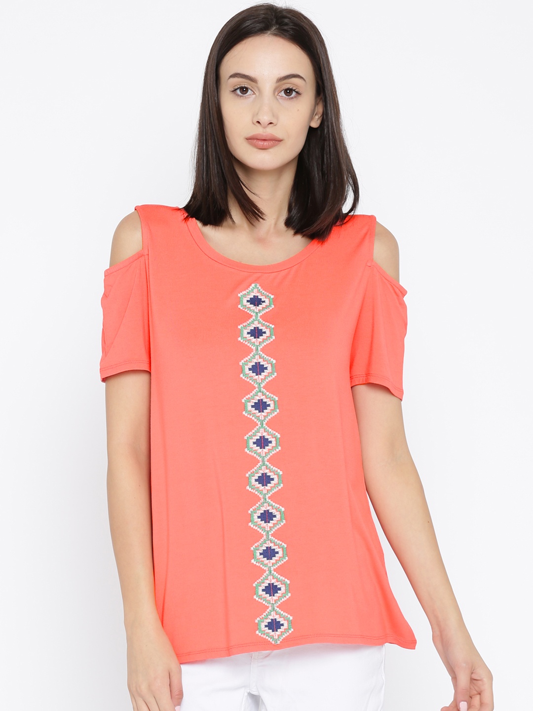 

Annabelle by Pantaloons Women Coral Orange Embroidered Top