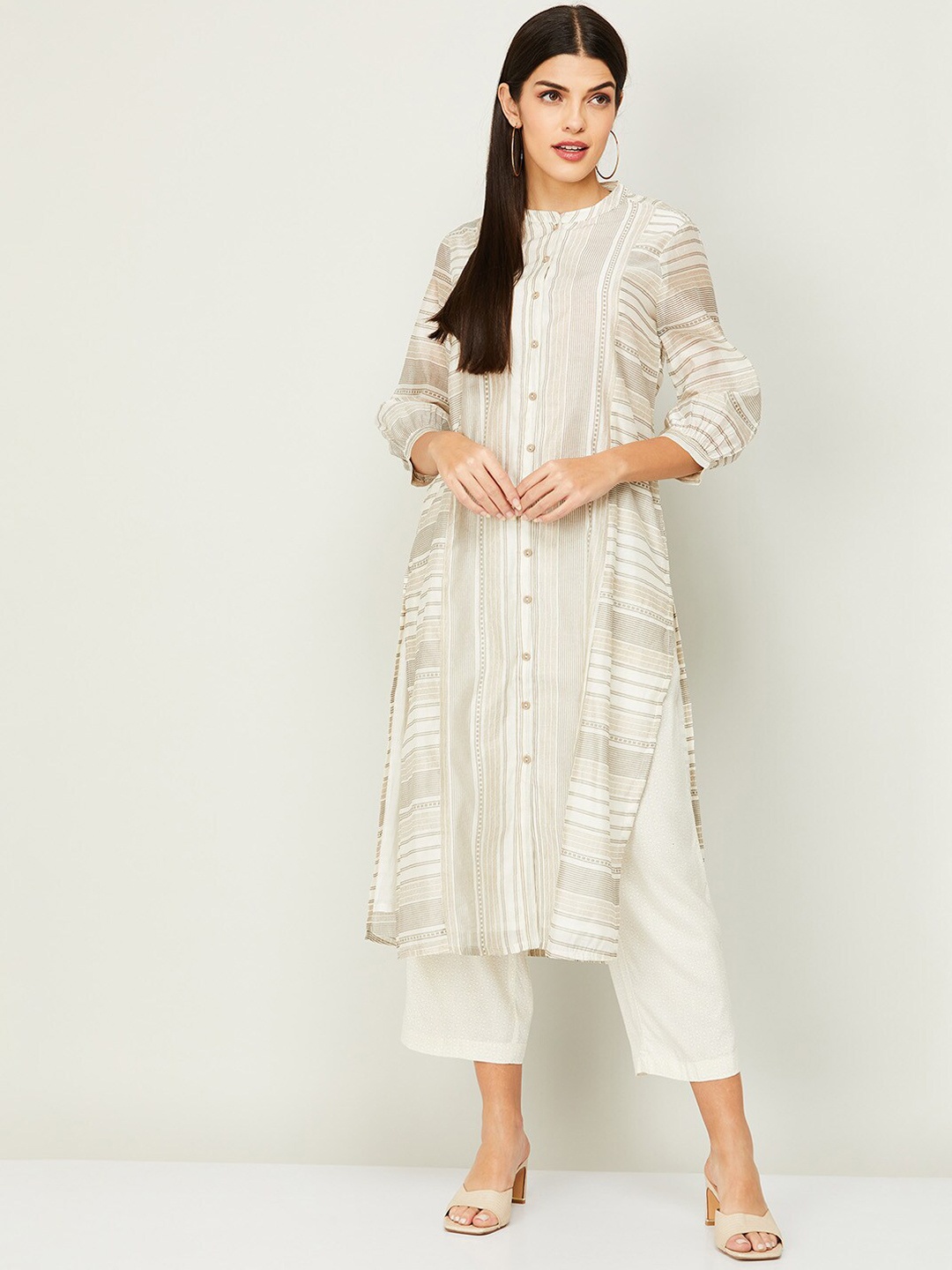 

Melange by Lifestyle Striped Band Collar Kurta, White