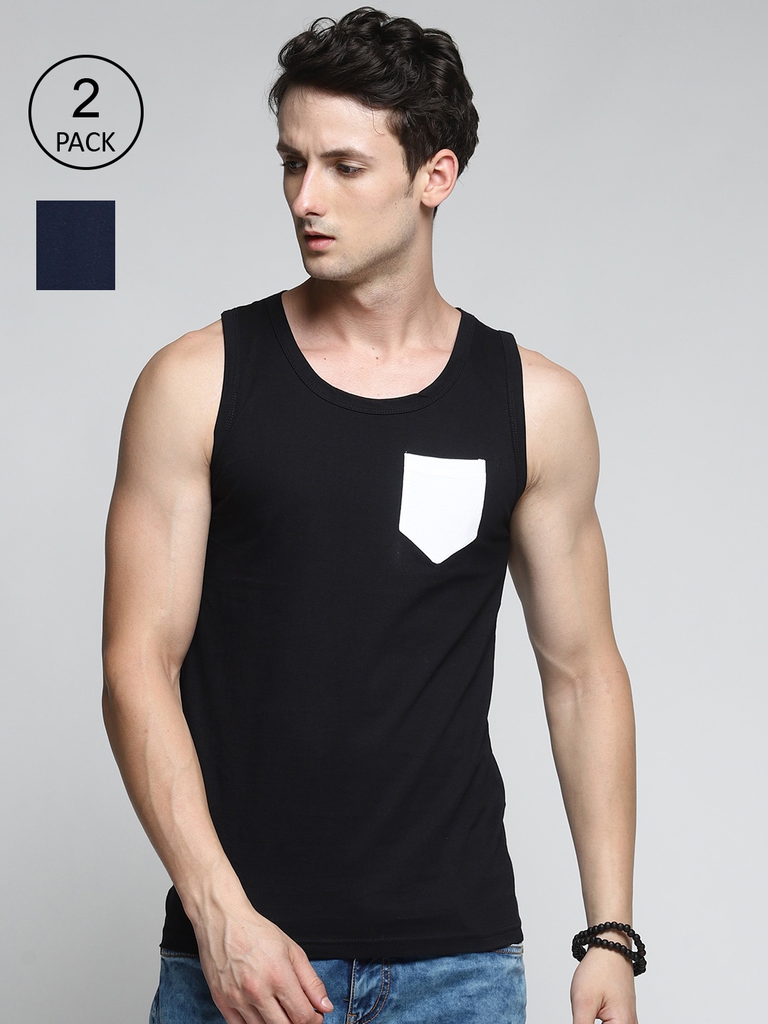 

Trends Tower Men Pack Of 2 Black & Dark Blue Solid Cotton Innerwear Vests, Navy blue