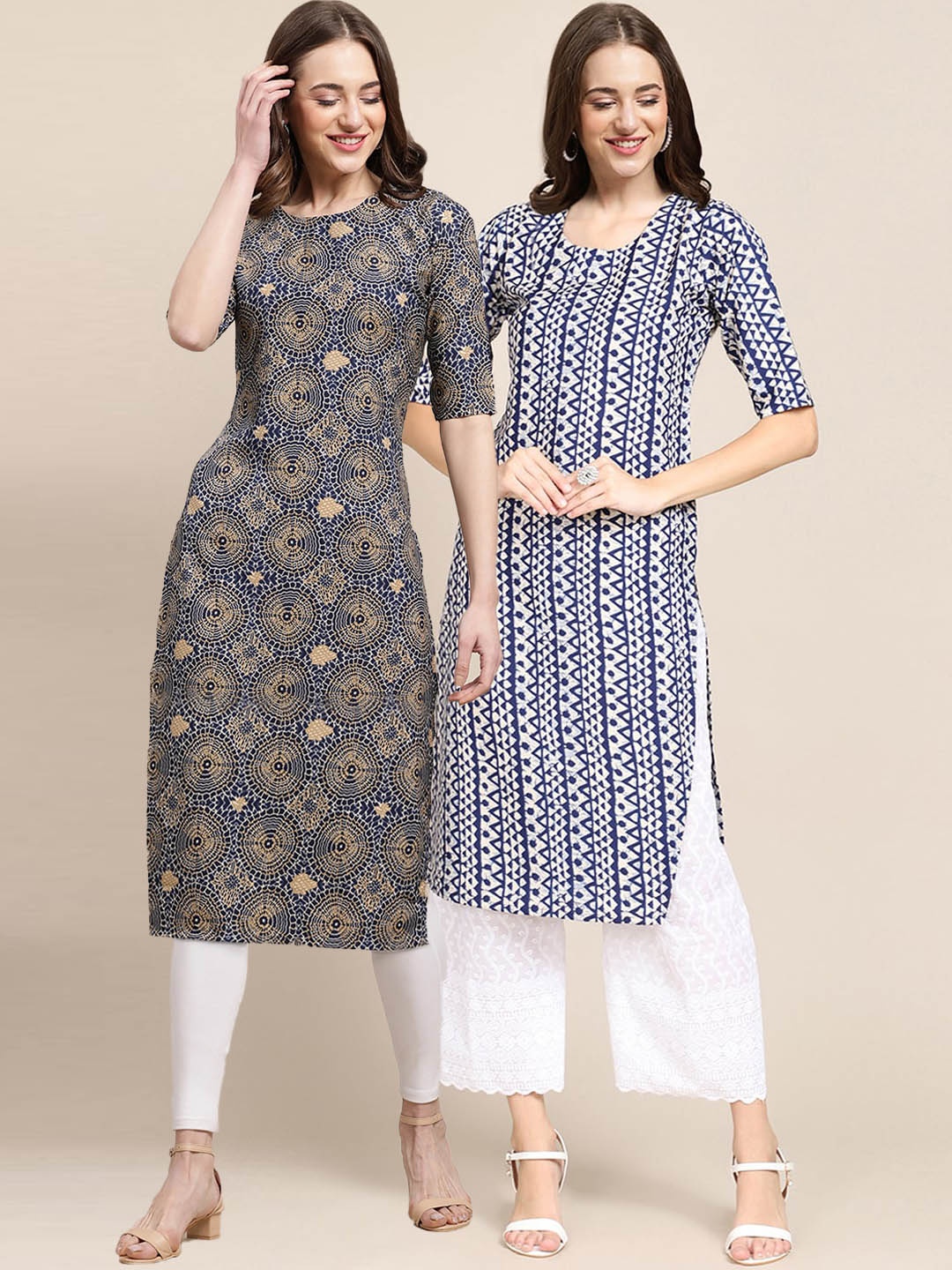 

7Threads Pack Of 2 Geometric Printed Crepe Kurtas, Blue