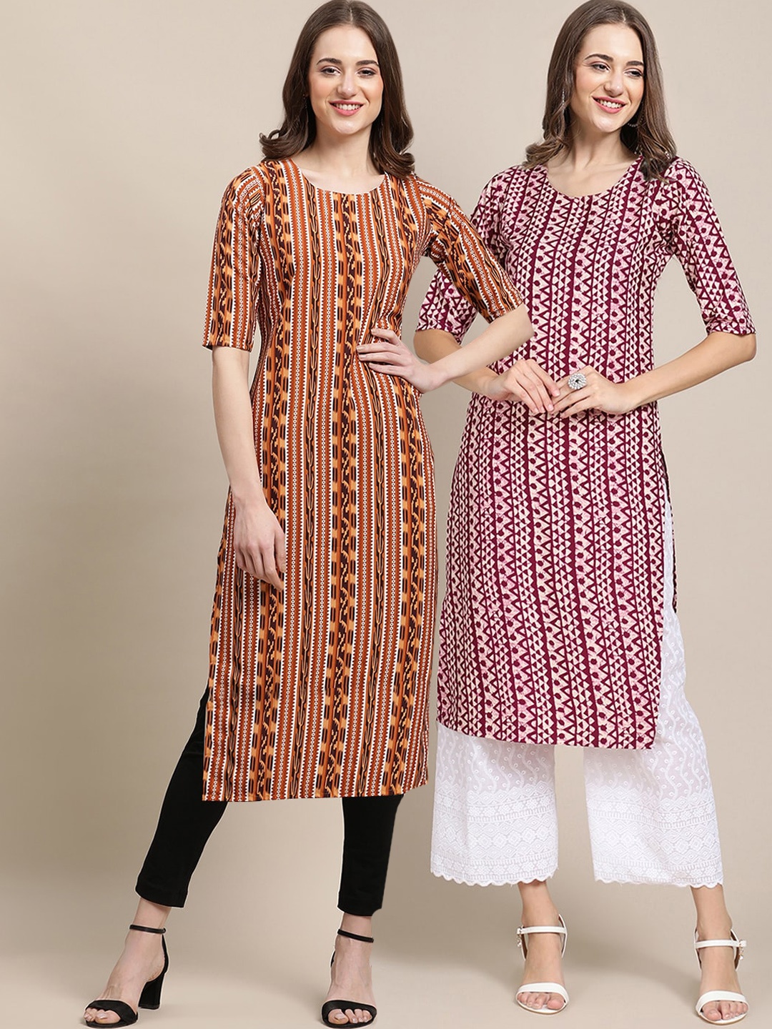 7Threads Pack Of 2 Geometric Printed Straight Crepe Kurtas, Brown