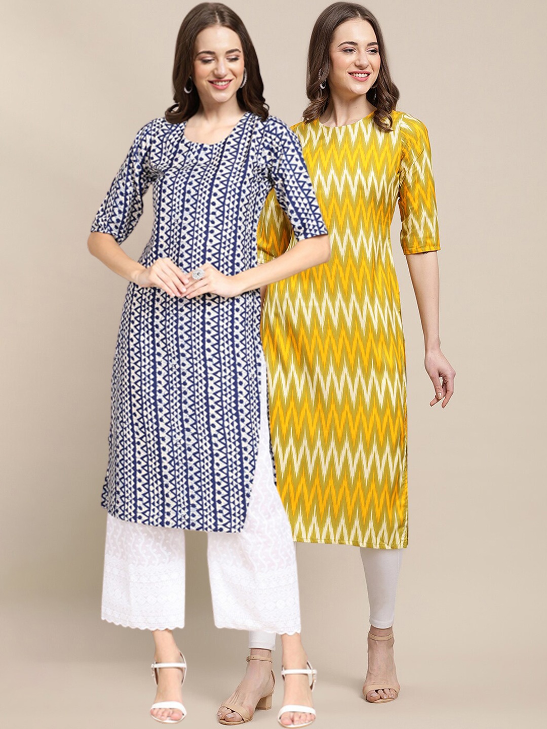 

7Threads Women Pack Of 2 Navy Blue & Yellow Geometric Printed Crepe Kurtas