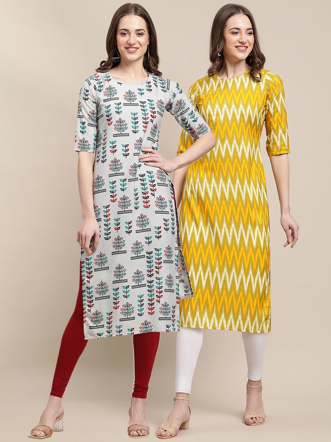 

7Threads Women Pack Of 2 Grey & Yellow Geometric Crepe Kurtas