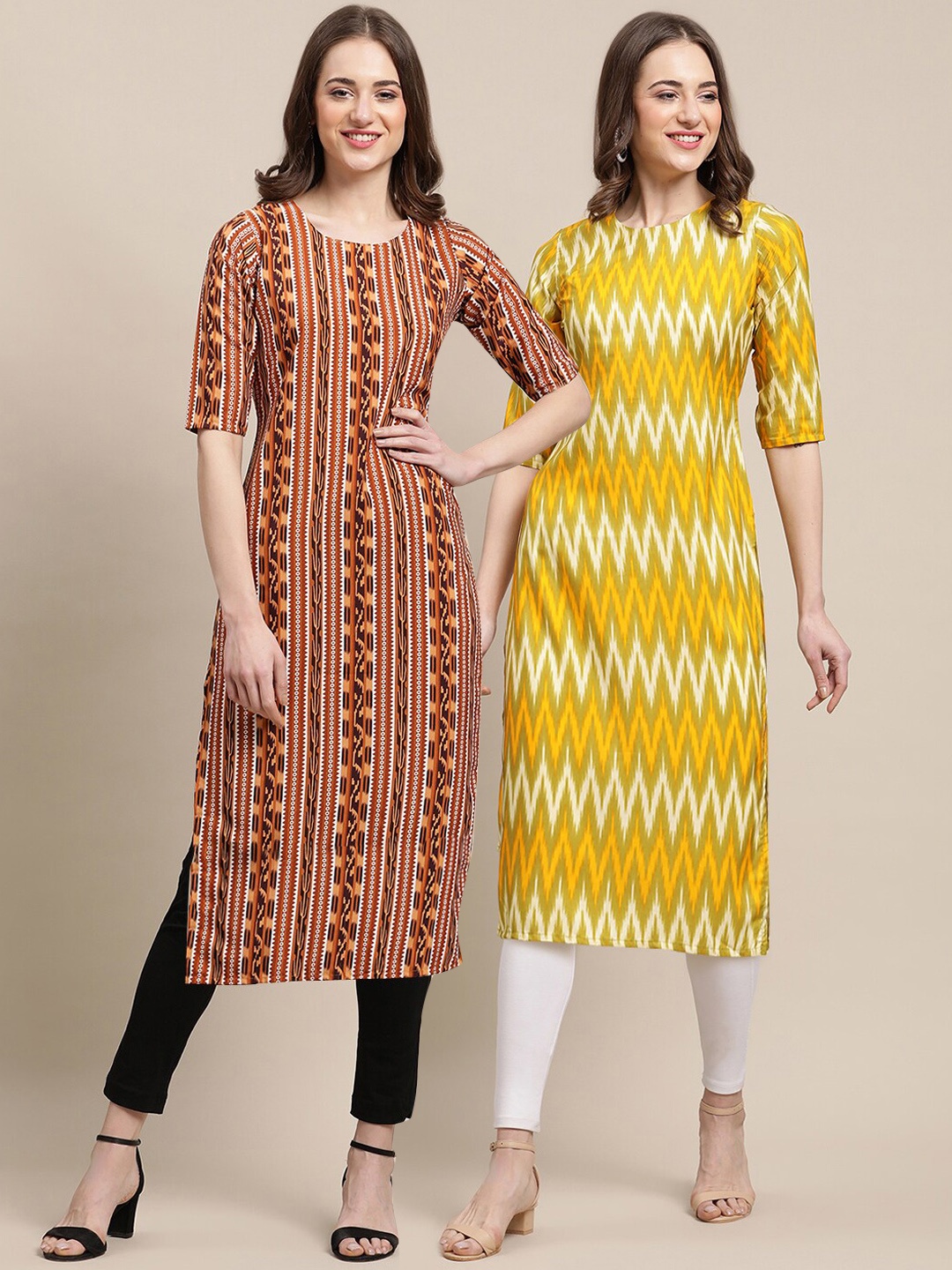 

7Threads Pack Of 2 Woven Design Crepe Kurtas, Brown