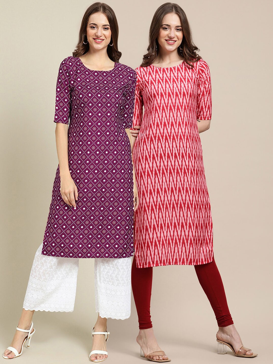 

7Threads Women Pack Of 2 Purple & Red Geometric Crepe Kurtas