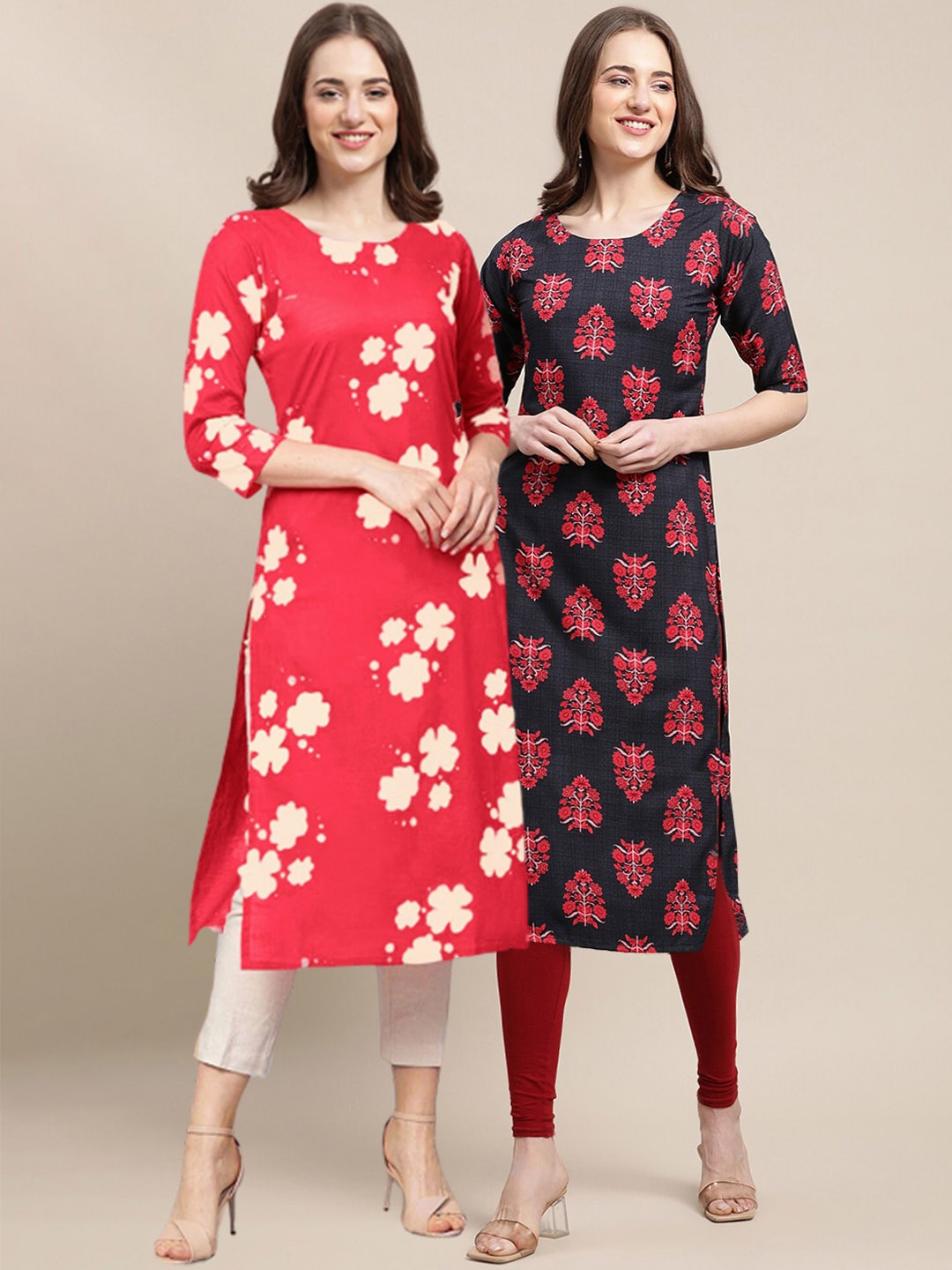 

7Threads Women Pack Of 2 Red & Black Floral Printed Block Print Crepe Kurtas