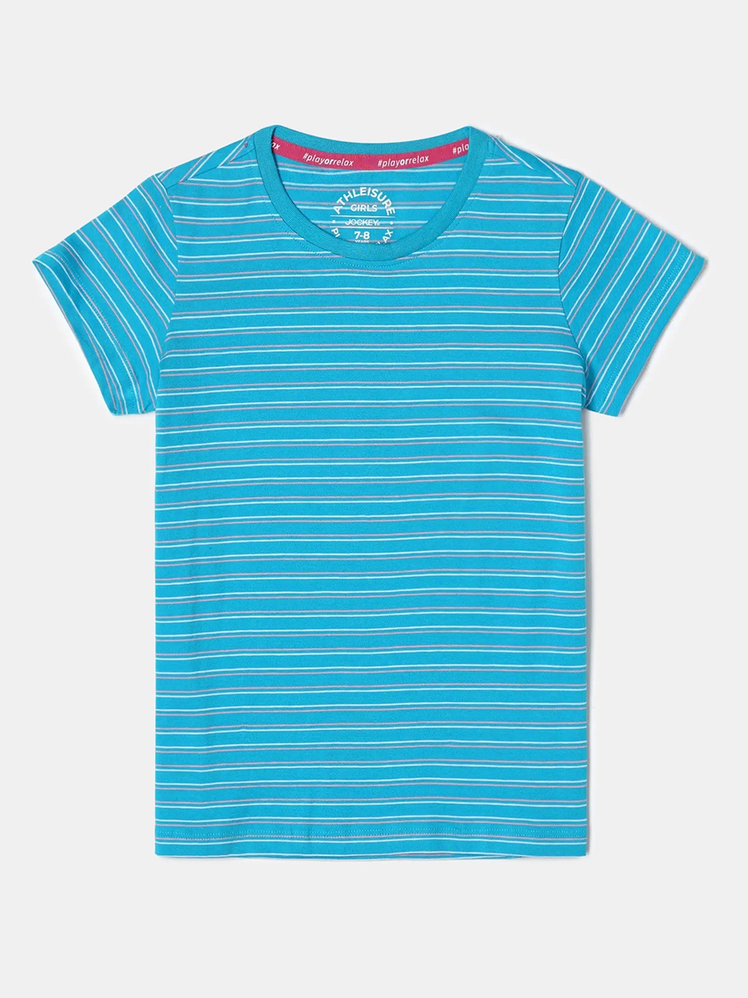 

Jockey Girls Super Combed Cotton Striped Short Sleeve Regular Fit Round Neck Tshirt-AG75, Blue