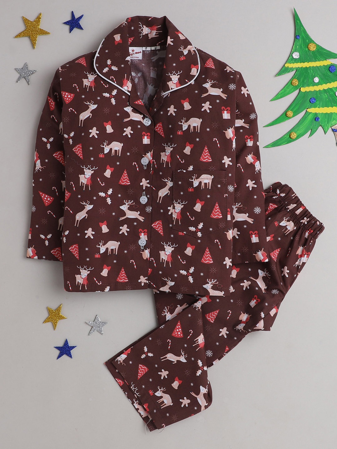 

The Magic Wand Girls Brown & Red Printed Pure Cotton Night suit