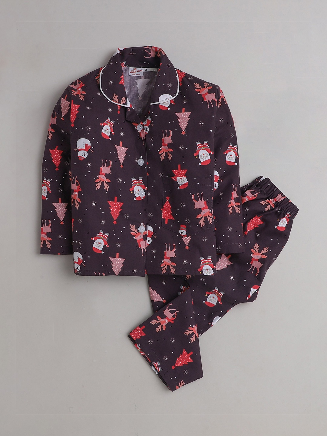 

The Magic Wand Girls Brown & Red Printed Pure Cotton Night suit