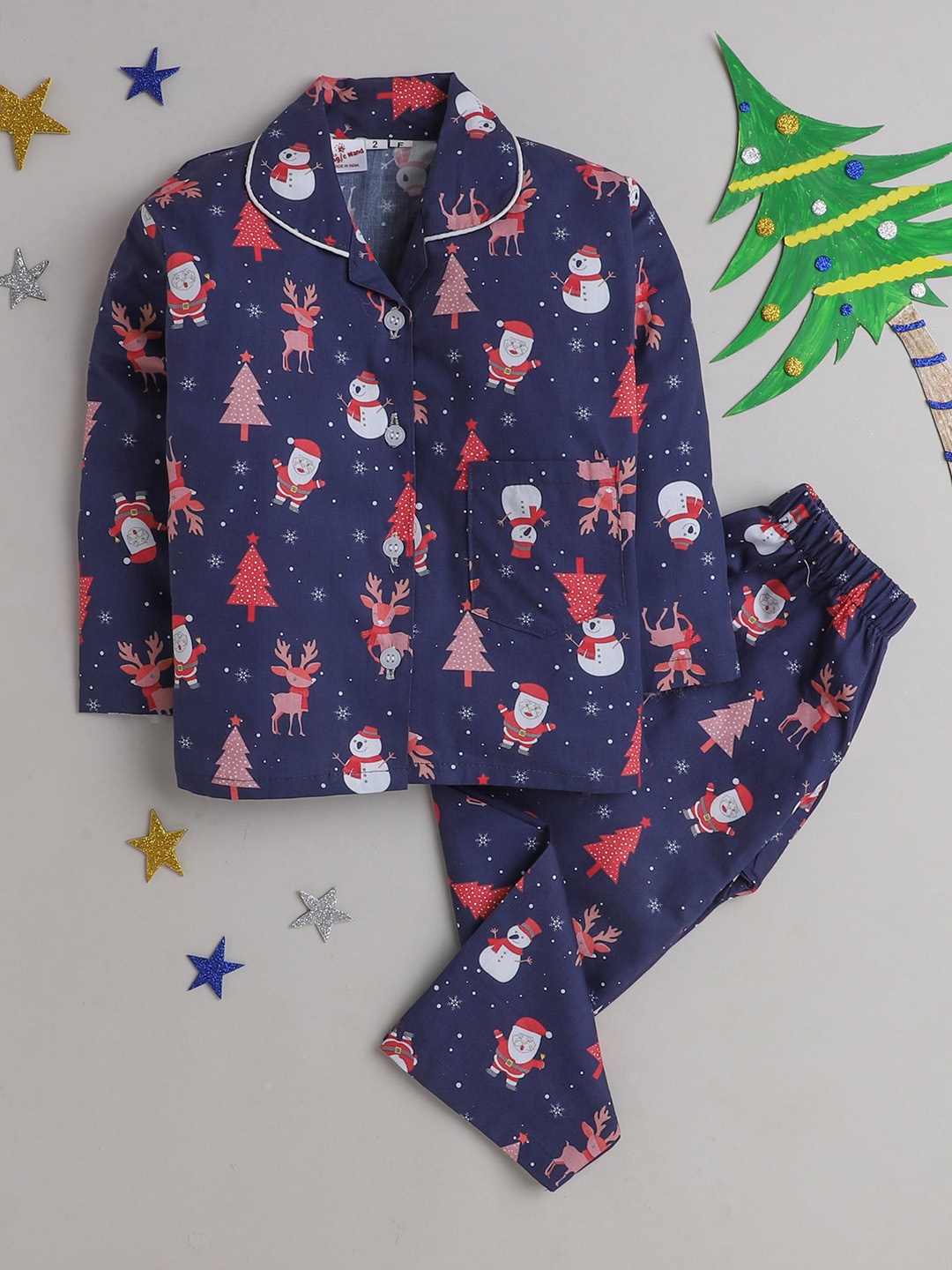 

The Magic Wand Boys Navy Blue & Red Printed Pure Cotton Night suit