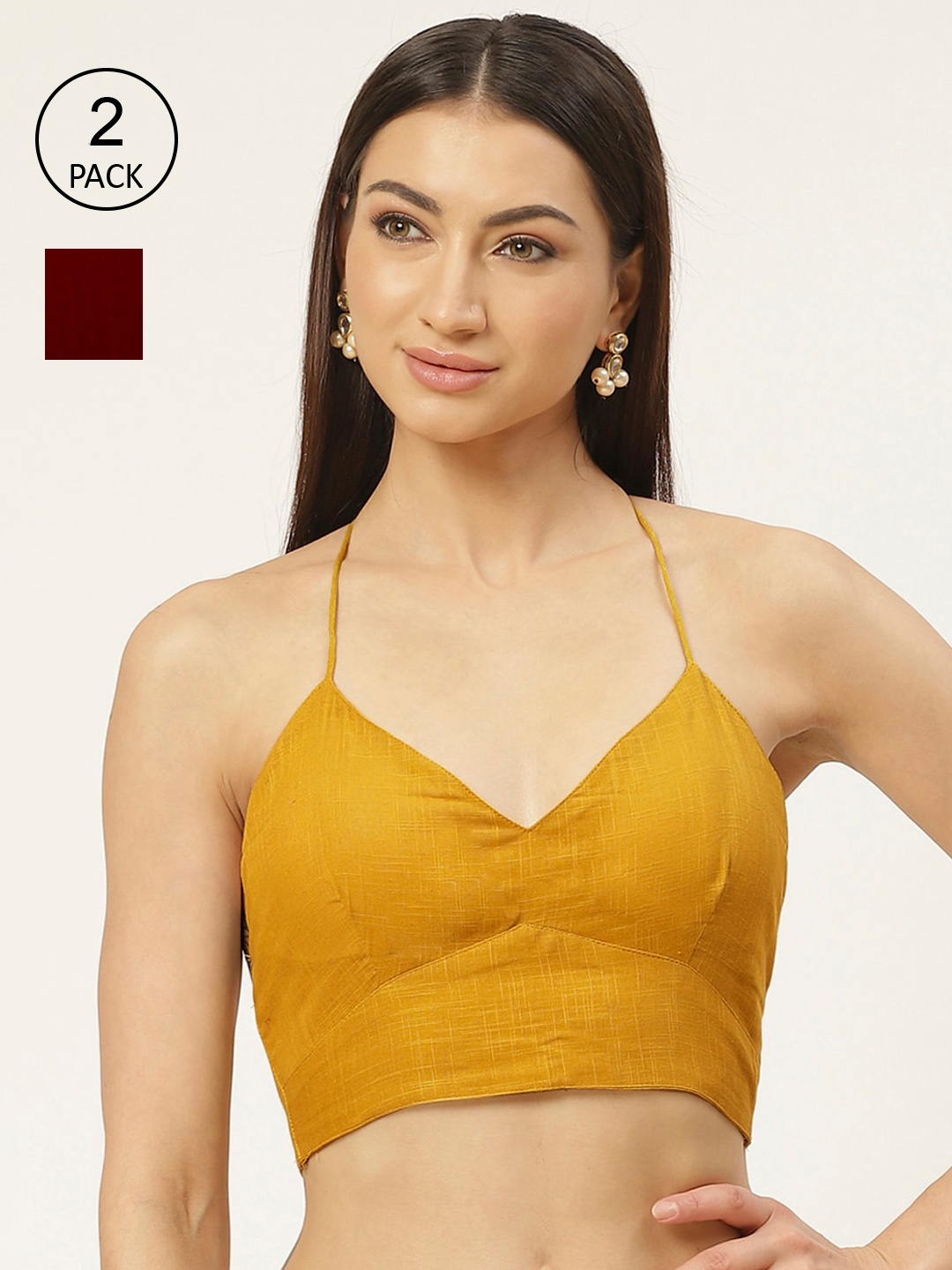 

Molcha Women Pack Of 2 Maroon & Yellow Solid Pure Cotton Saree Blouse
