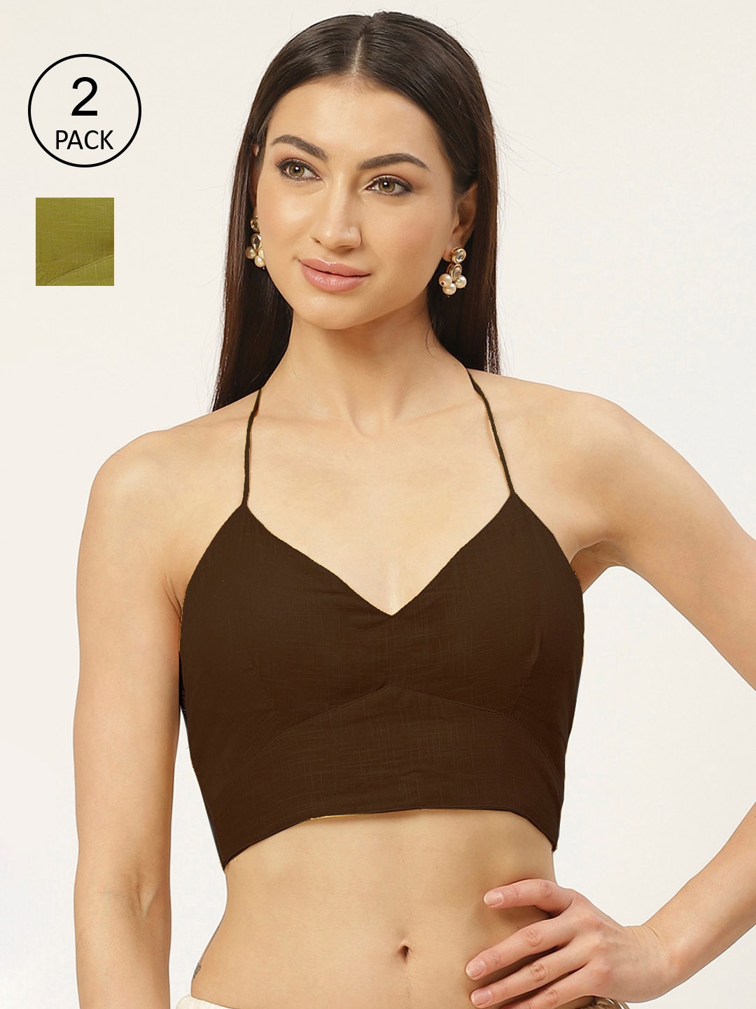 

Molcha Pack Of 2 Solid Padded Cotton Saree Blouse, Brown