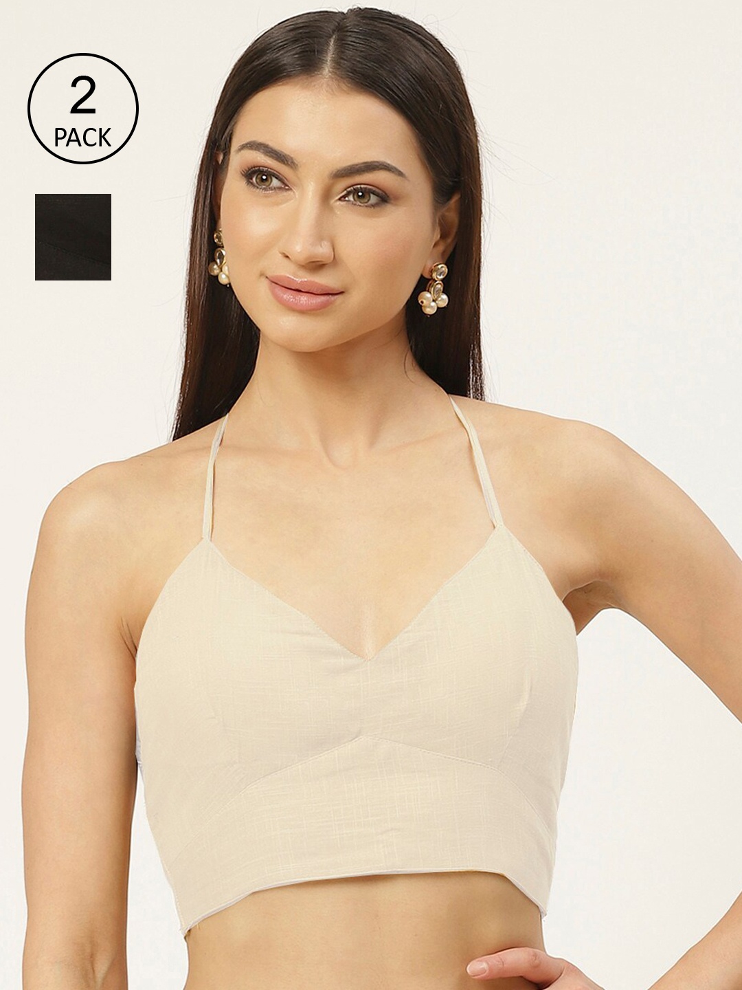 

Molcha Women Pack Of 2 Black & Off-White Solid Cotton Saree Blouse