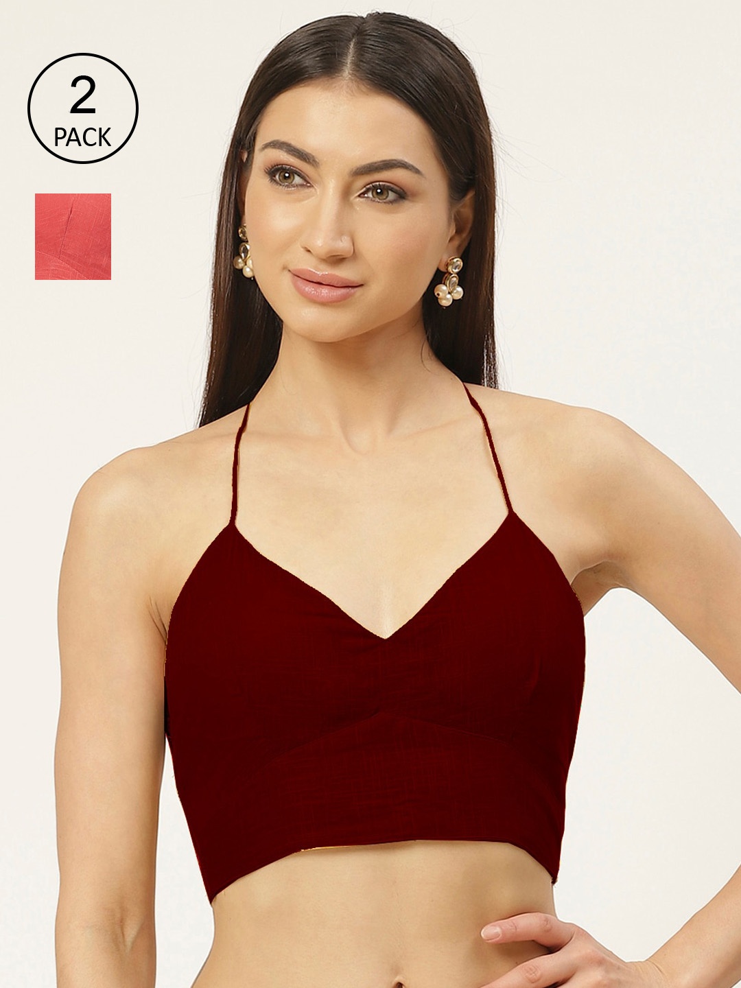 

Molcha Pack Of 2 Solid Cotton Padded Saree Blouse, Maroon