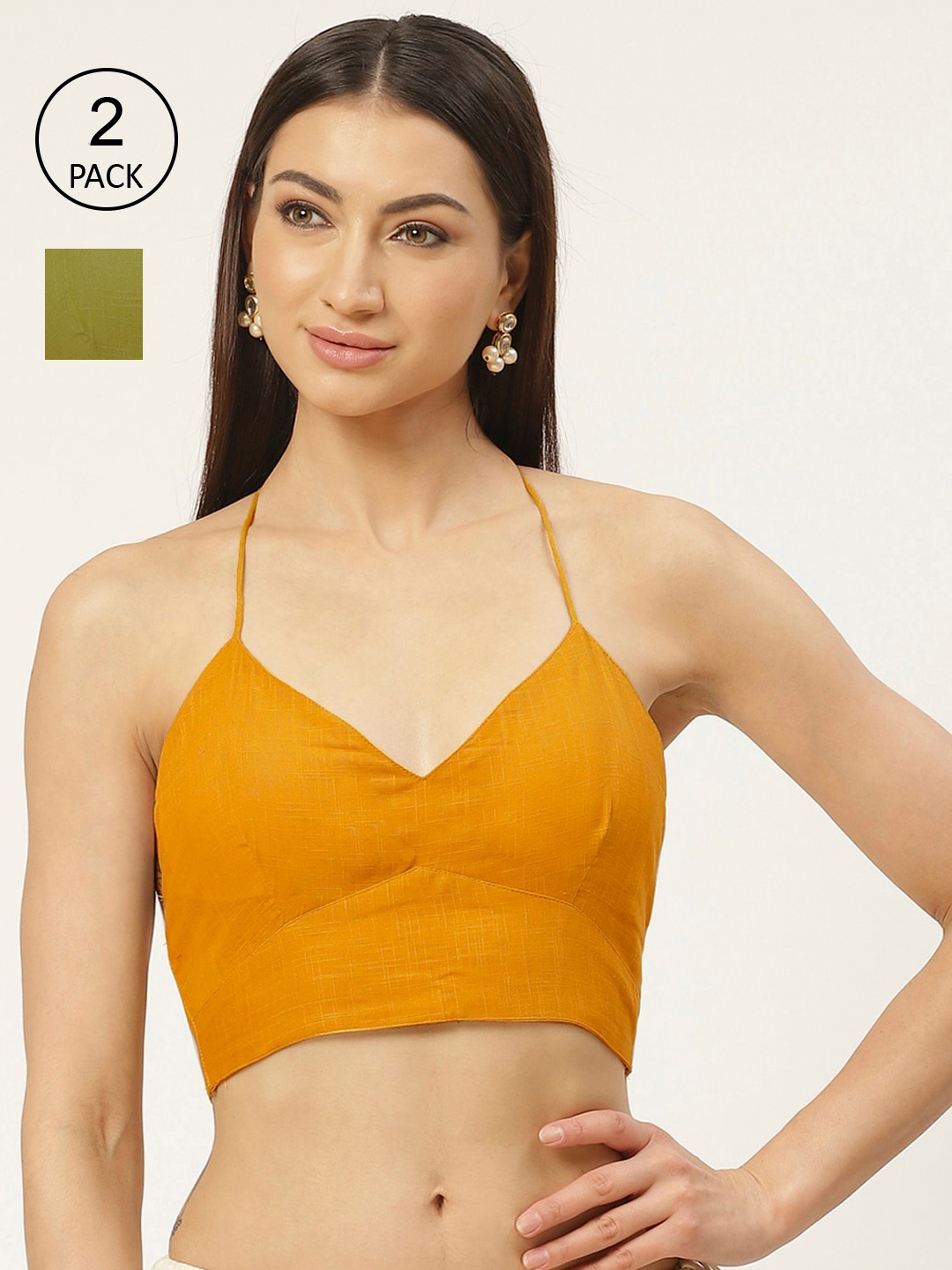 

Molcha Pack Of 2 Yellow & Olive Green Solid Cotton Padded Saree Blouse