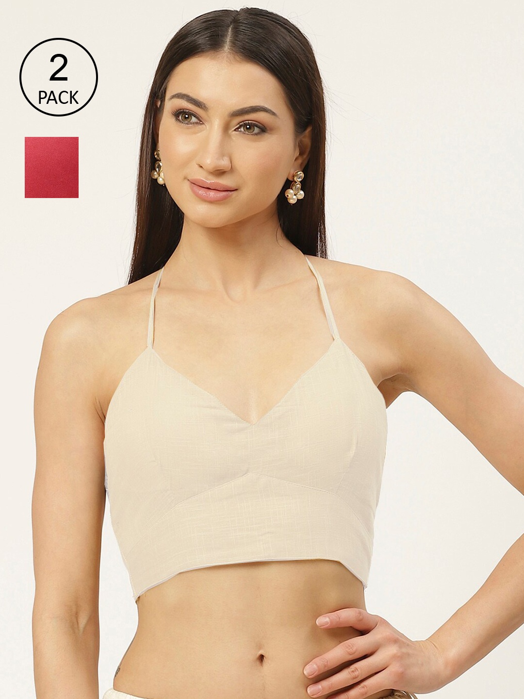 

Molcha Pack Of 2 Red & Off- White Solid Pure Cotton Padded Saree Blouse