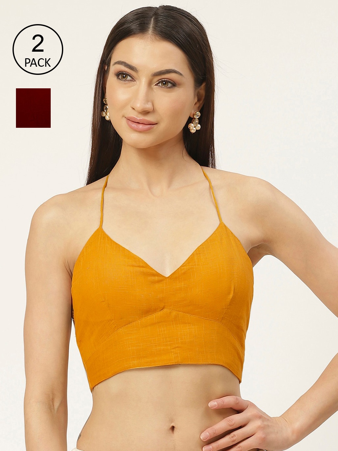 

Molcha Pack Of 2 Yellow & Maroon Solid Pure Cotton Padded Saree Blouse