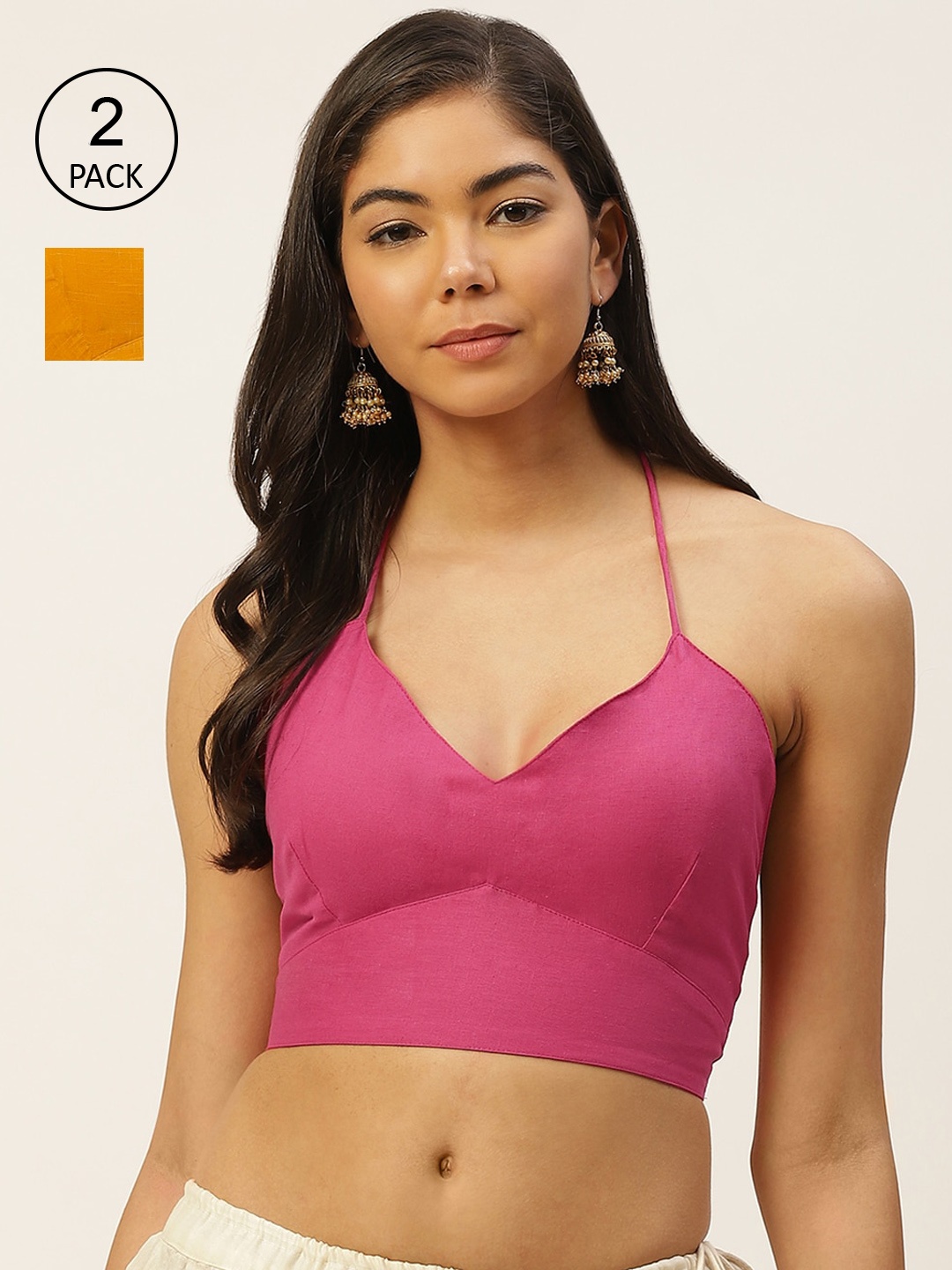 

Molcha Pack Of 2 Pink & Yellow Solid Pure Cotton Saree Blouse