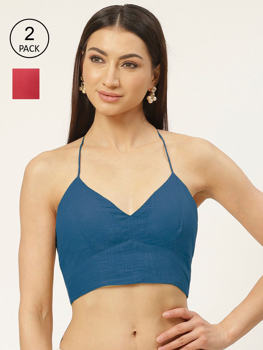 

Molcha Pack Of 2 Teal & Pink Solid Pure Cotton Saree Blouse
