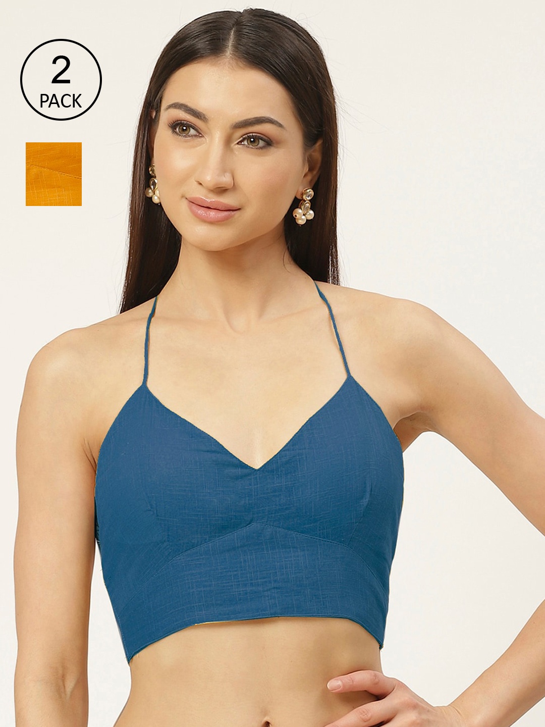 

Molcha Pack Of 2 Mustard Yellow & Teal Blue Solid Pure Cotton Padded Saree Blouse