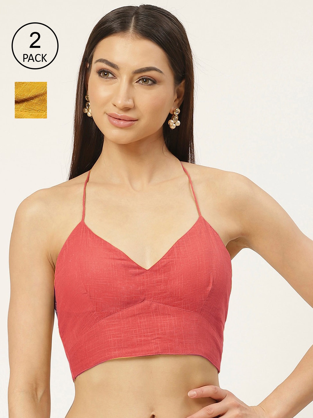 

Molcha Women Pack Of 2 Peach& Mustard Yellow Solid Pure Cotton Padded Saree Blouse