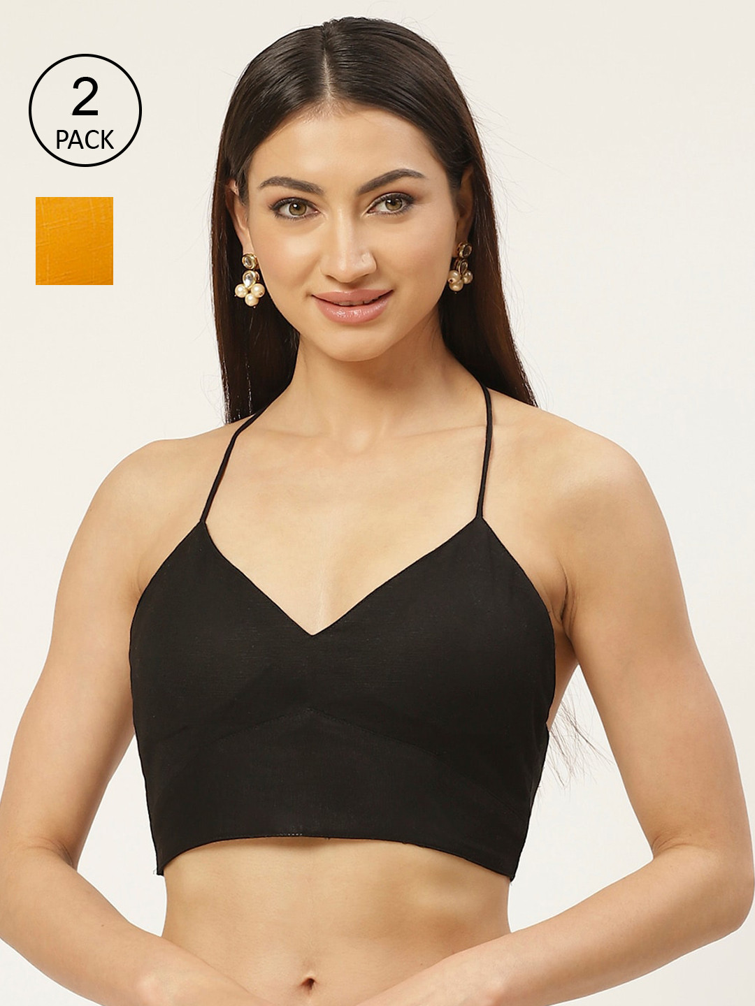 

Molcha Pack Of 2 Black & Mustard Yellow Solid Pure Cotton Padded Saree Blouse