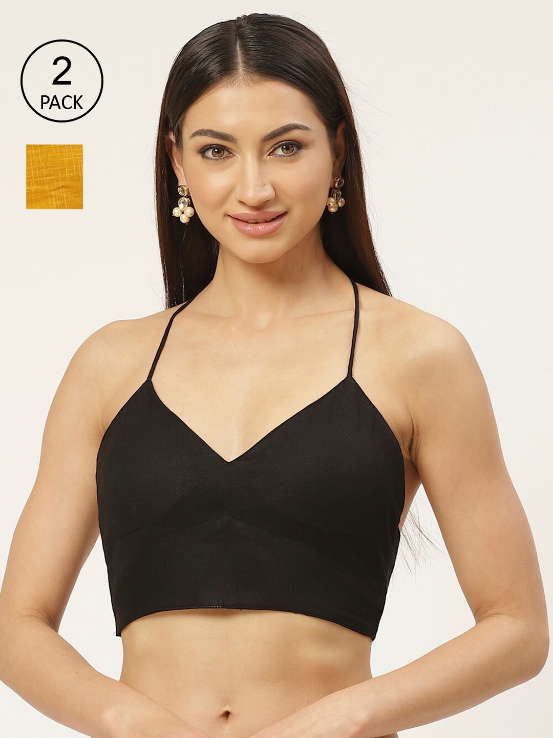 

Molcha Women Pack Of 2 Solid Black & Mustard Yellow Pure Cotton Padded Saree Blouse