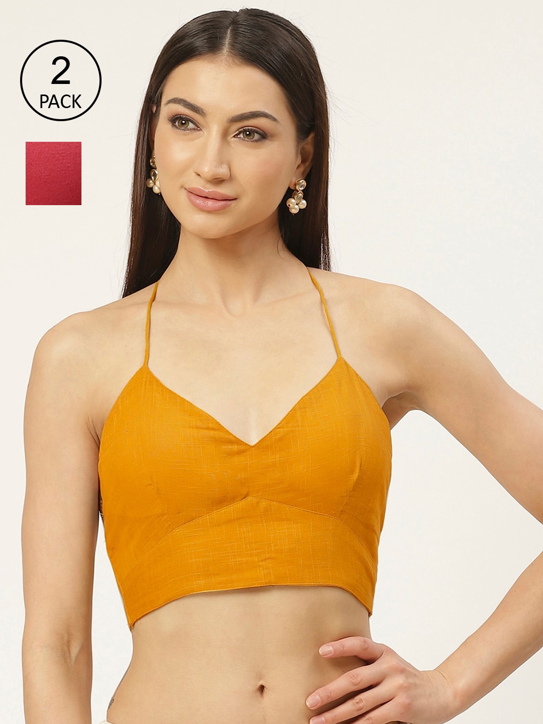 

Molcha Pack Of 2 Solid Cotton Padded Saree Blouse, Red