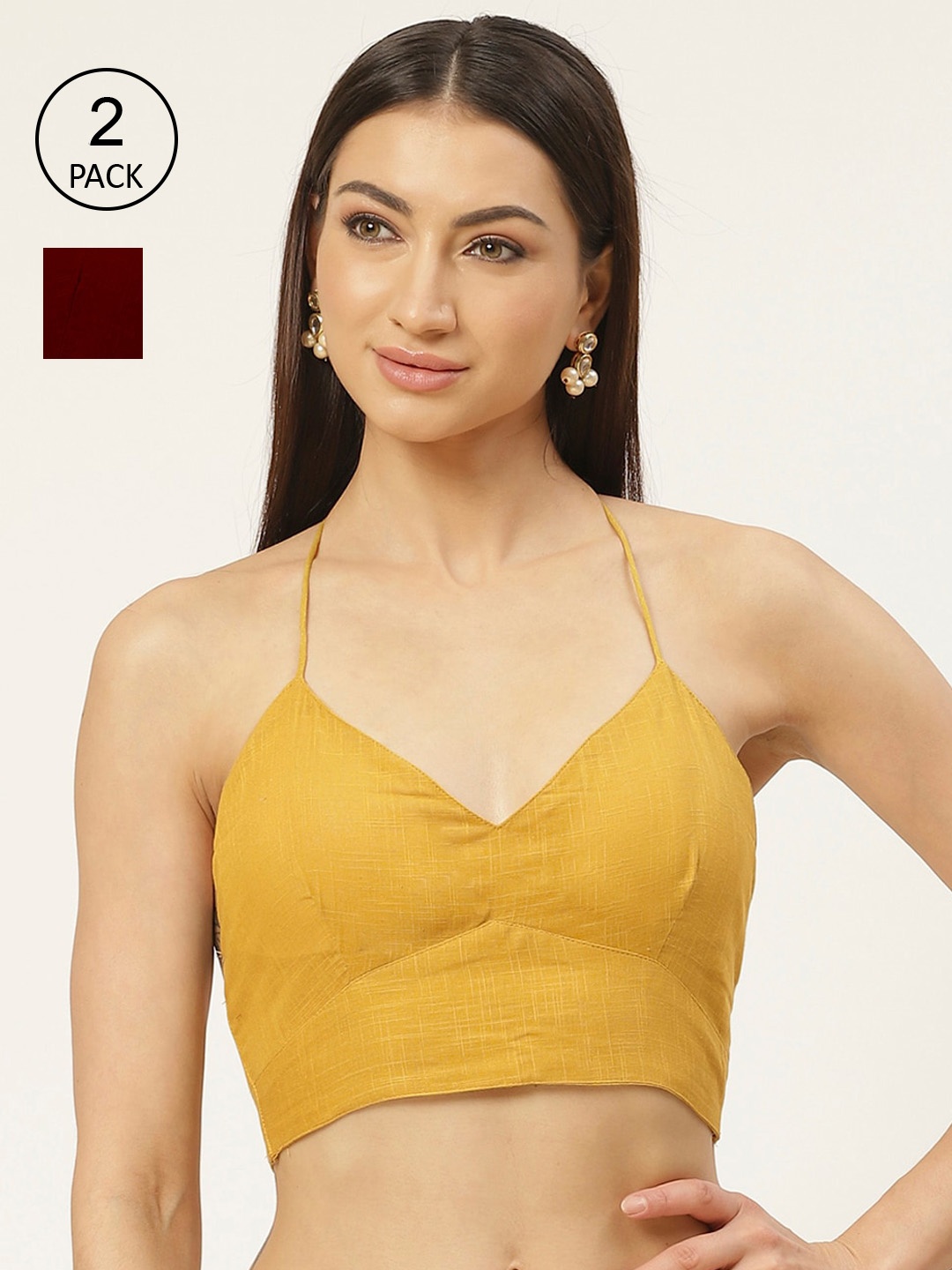 

Molcha Women Pack Of 2 Mustard Yellow & Maroon Solid Pure Cotton Padded Saree Blouse