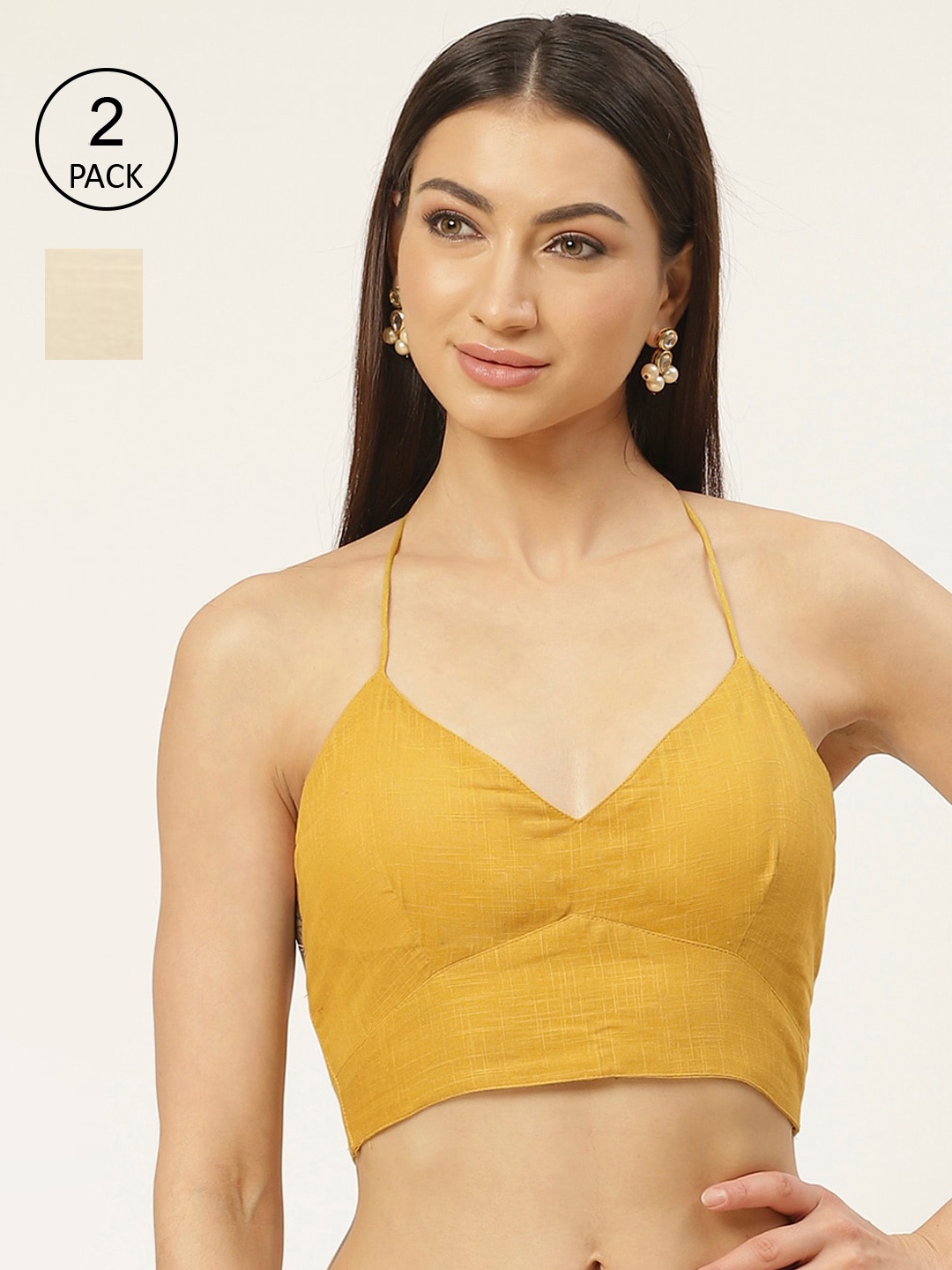 

Molcha Pack Of 2 Mustard Yellow & Off white Solid Pure Cotton Padded Saree Blouse