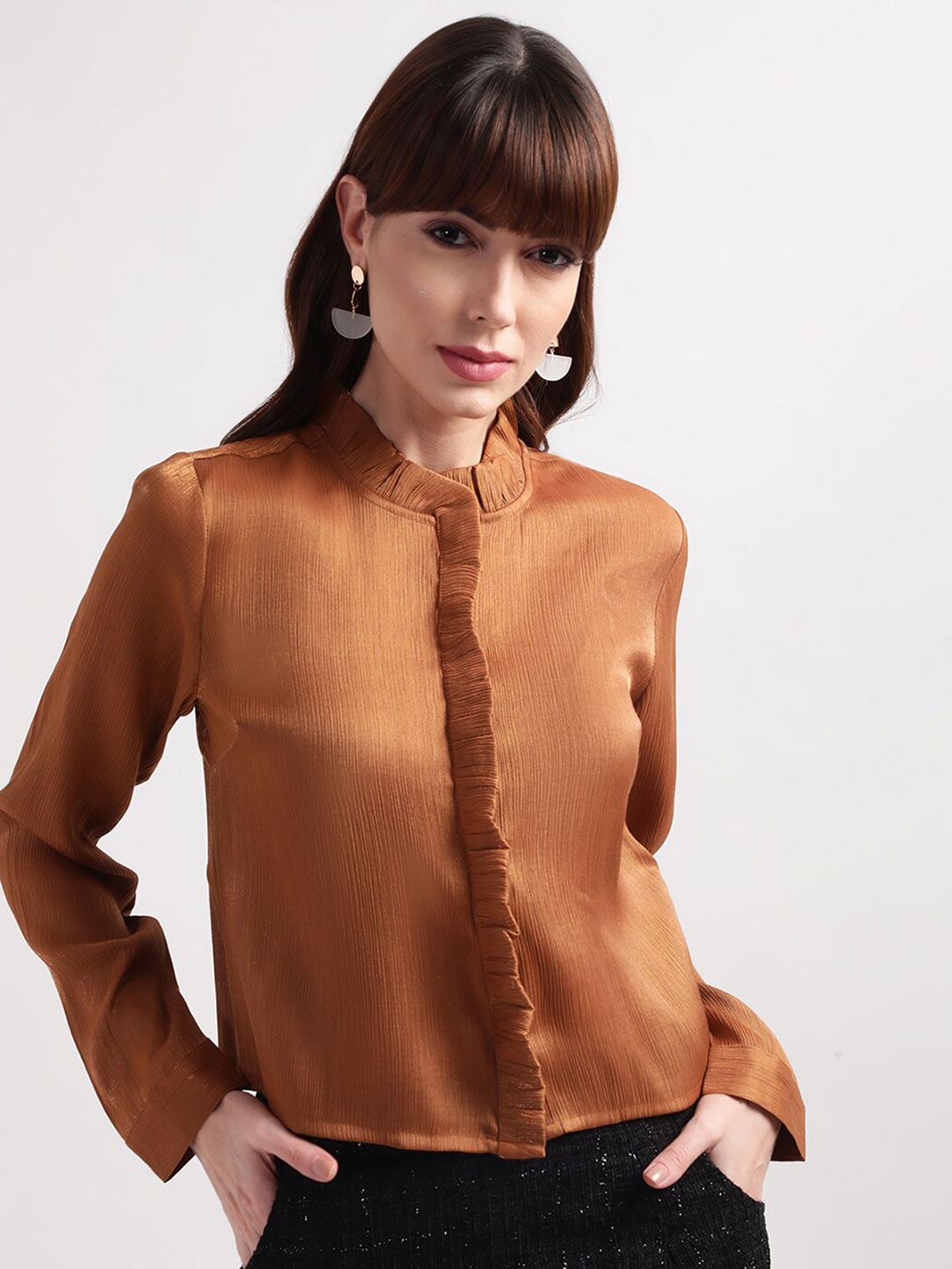 

CENTRESTAGE Women Rust Solid High Neck Shirt Style Top