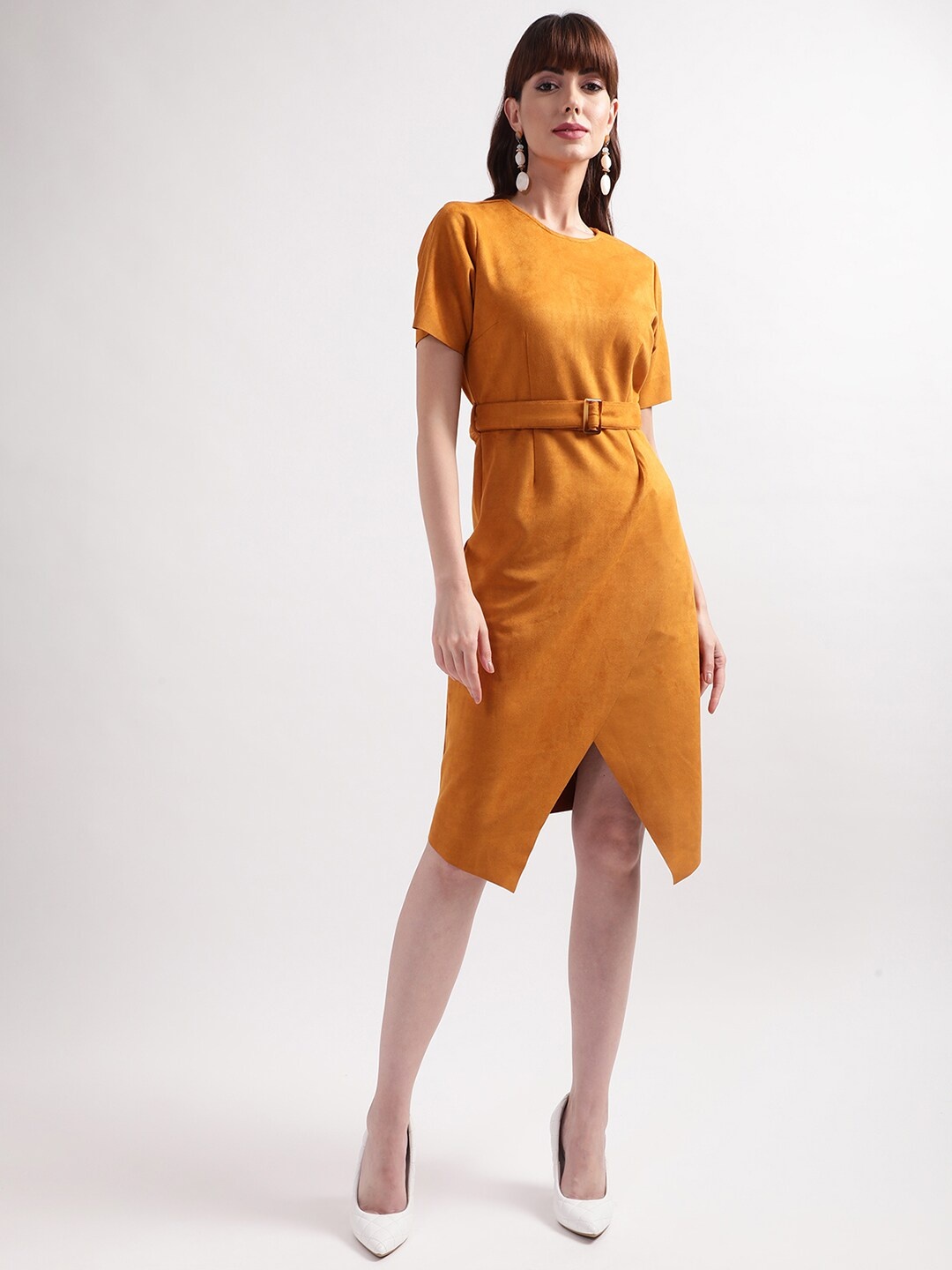 

CENTRESTAGE Women Mustard Yellow Solid Round Neck A-Line Dress