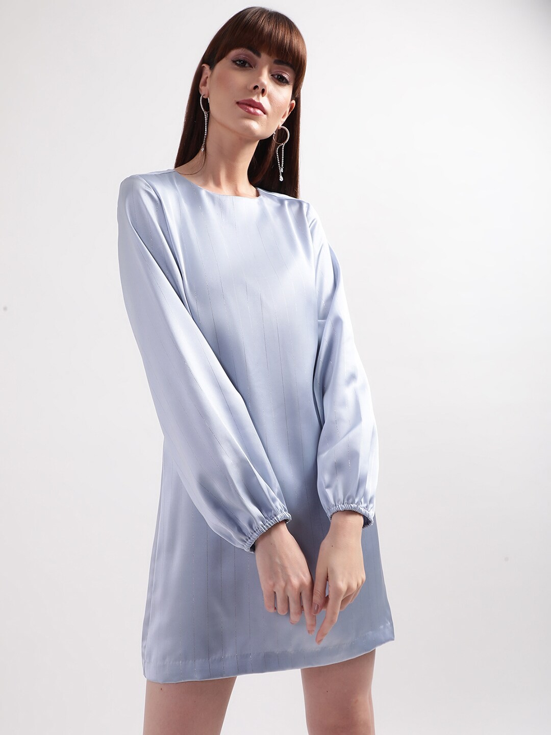 

CENTRESTAGE Women Blue & Silver Striped Round Neck A-Line Dress