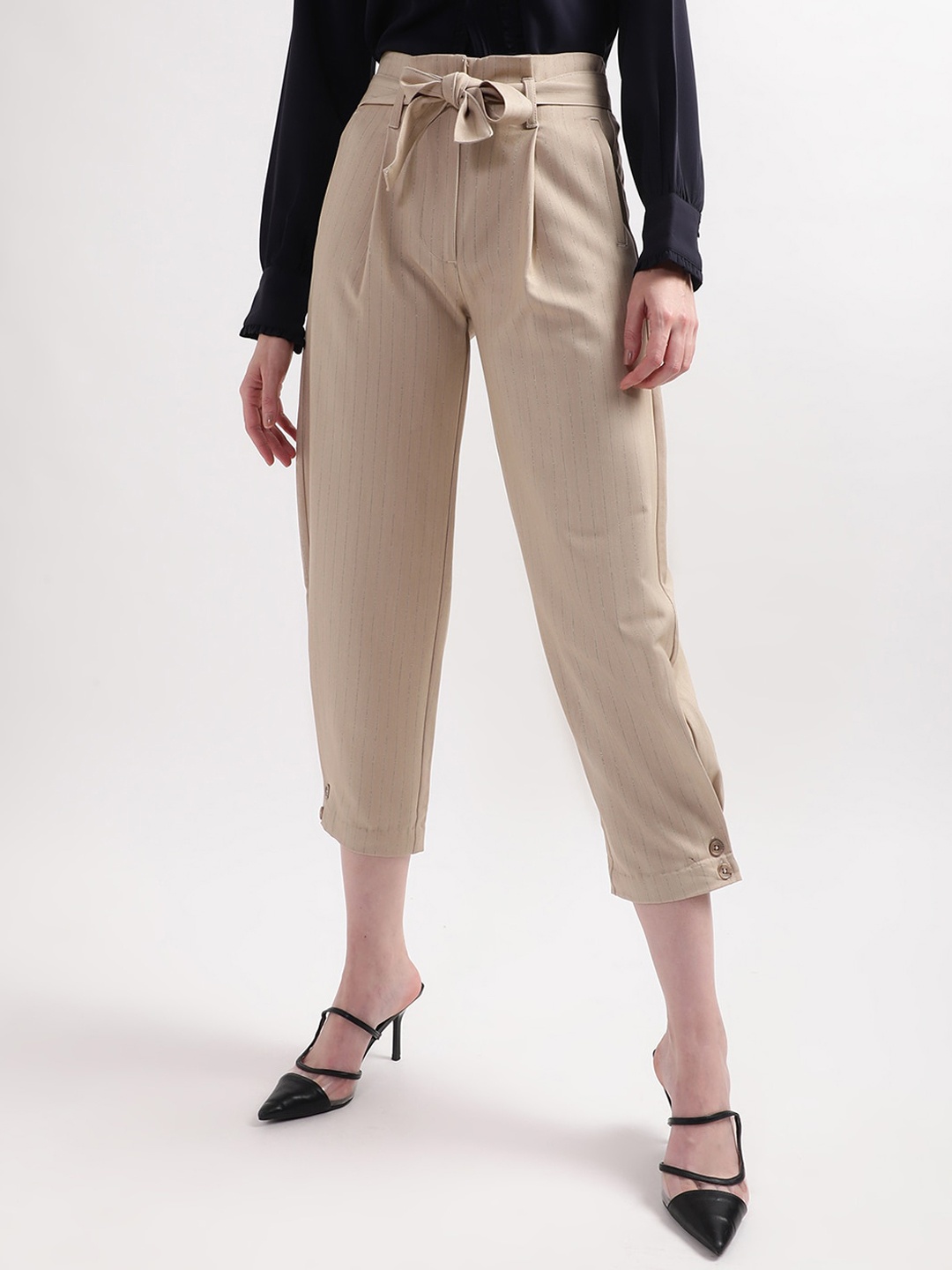 

CENTRESTAGE Women Beige Striped Pleated Cropped Trousers