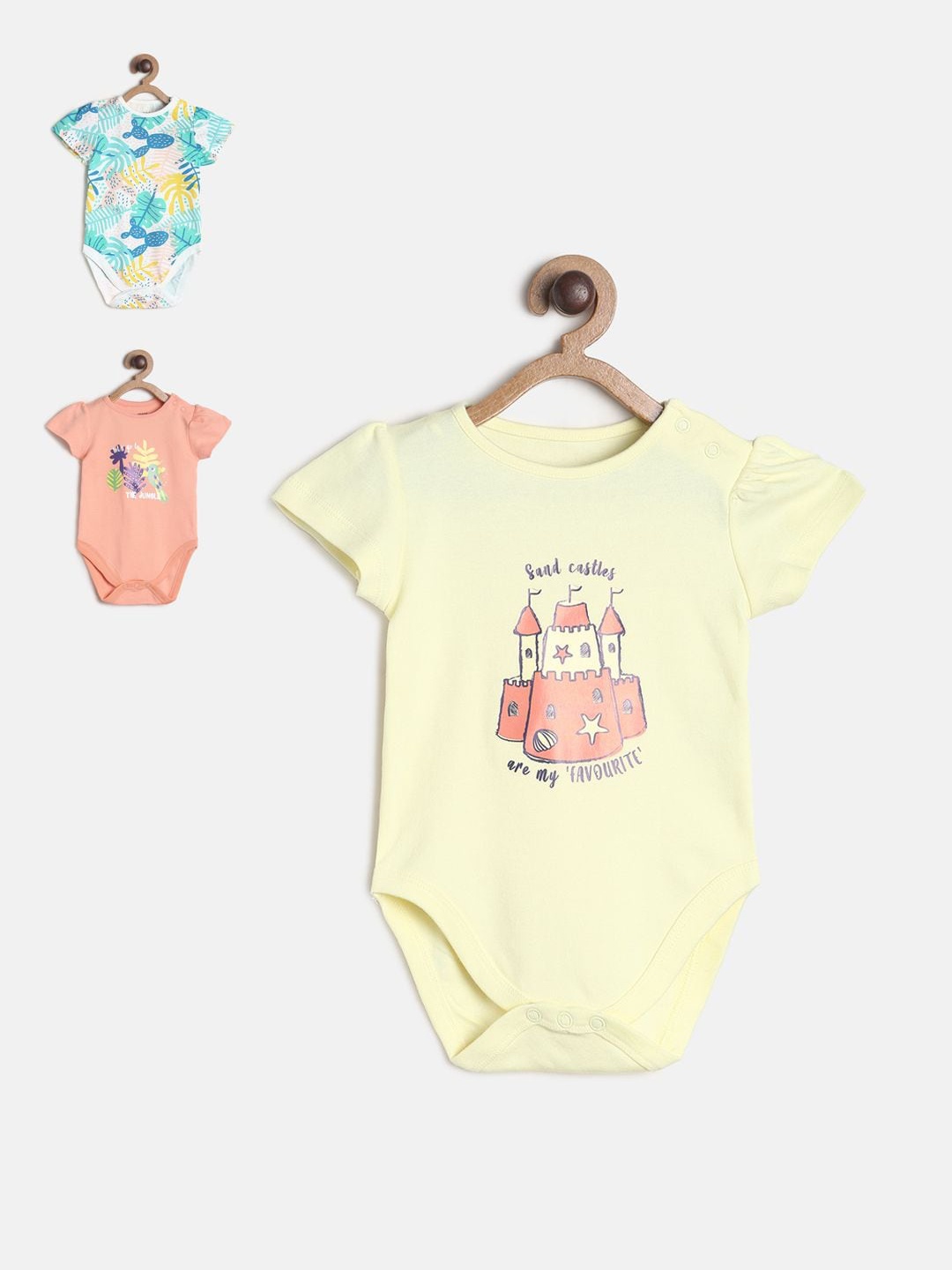 

MINI KLUB Infants Girls Pack Of 3 Printed Pure Cotton Bodysuit, Yellow