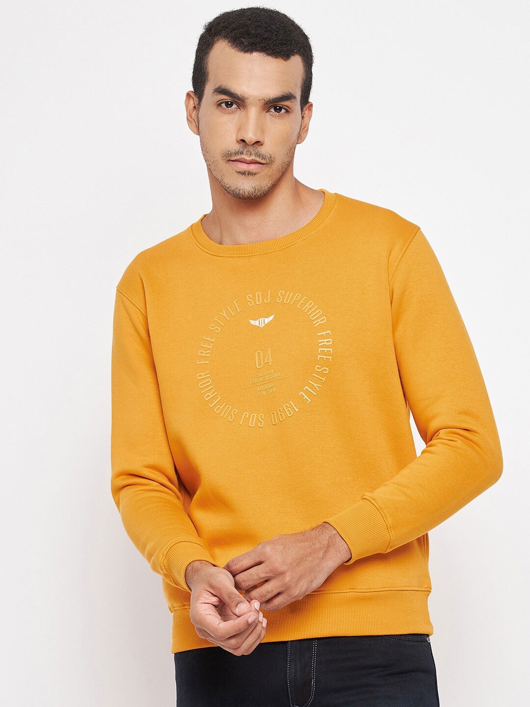 

Duke Men Mustard Printed Fleece Sweatshirt