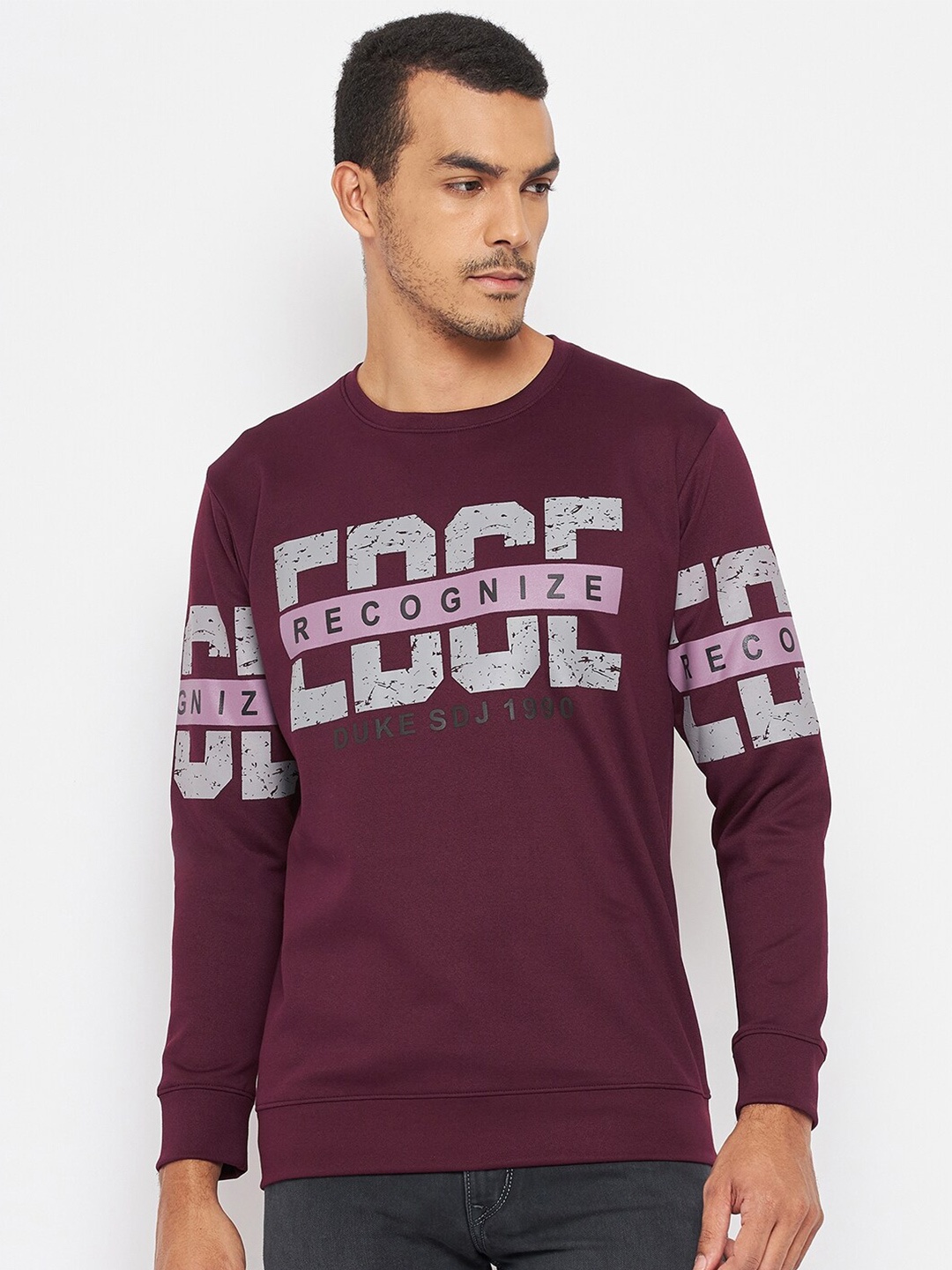 

Duke Men Maroon Printed Fleece Sweatshirt