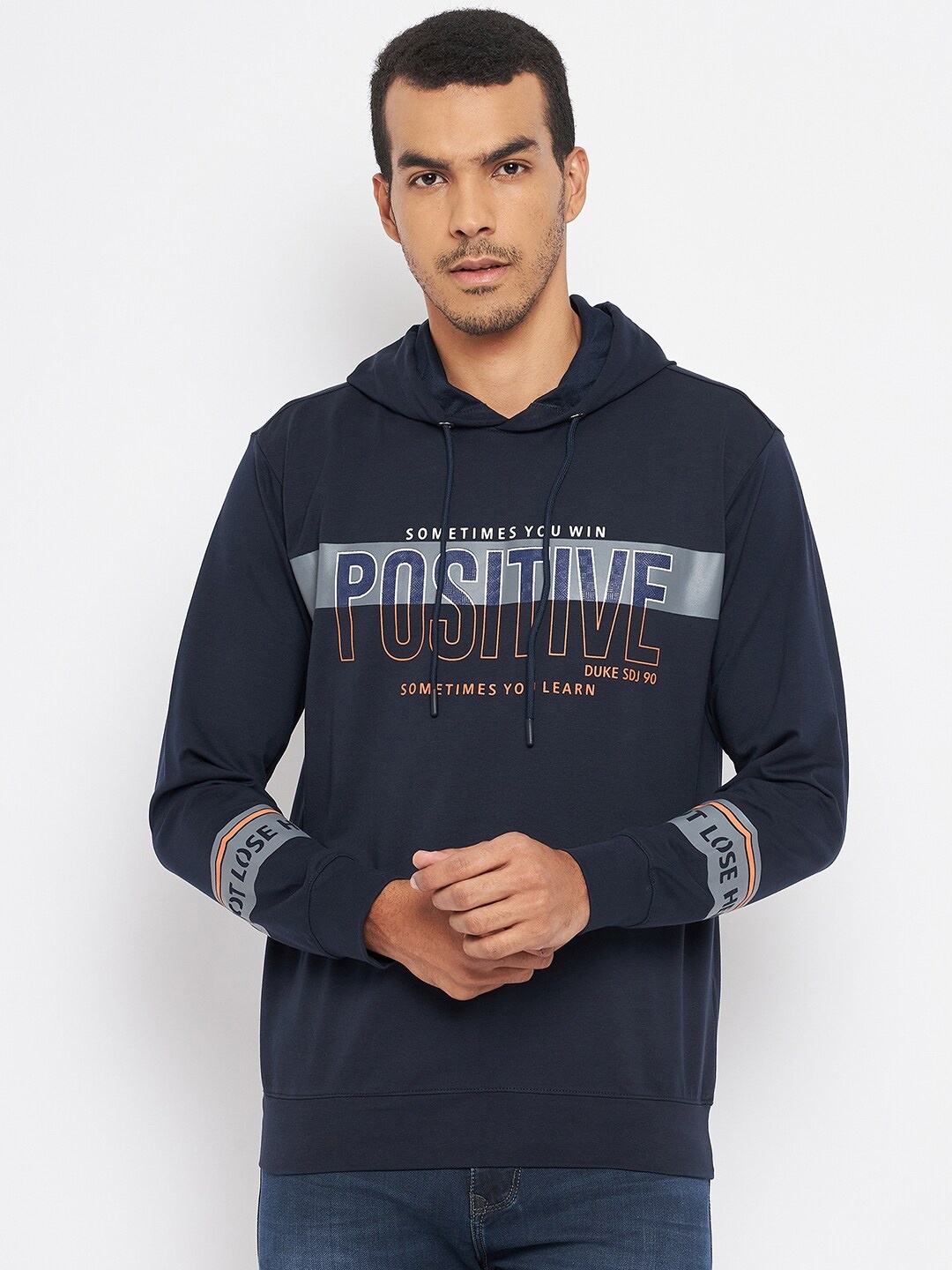 

Duke Men Blue Printed Hooded Sweatshirt