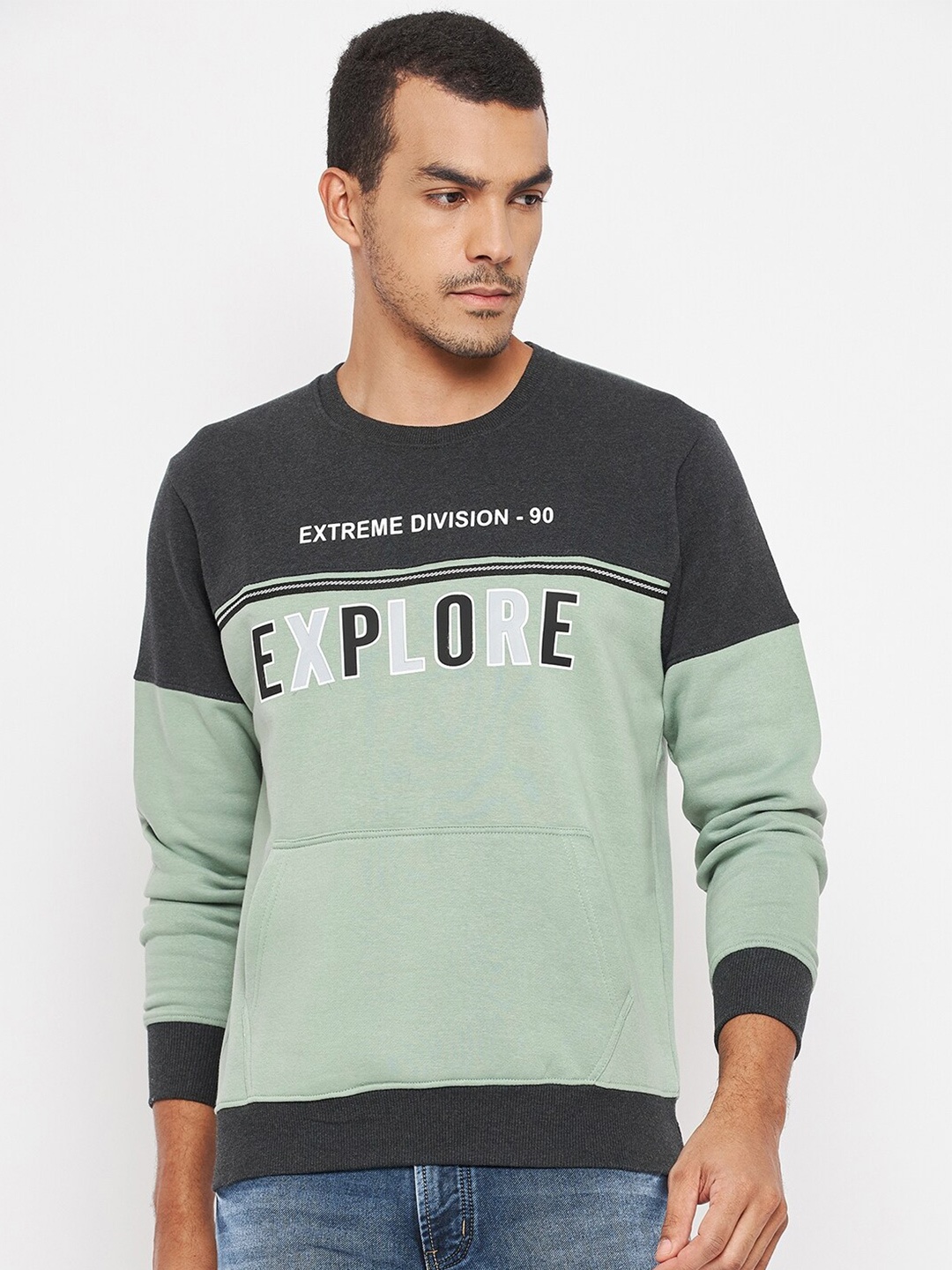 

Duke Men Sea Green & Charcoal Colourblocked Fleece Sweatshirt