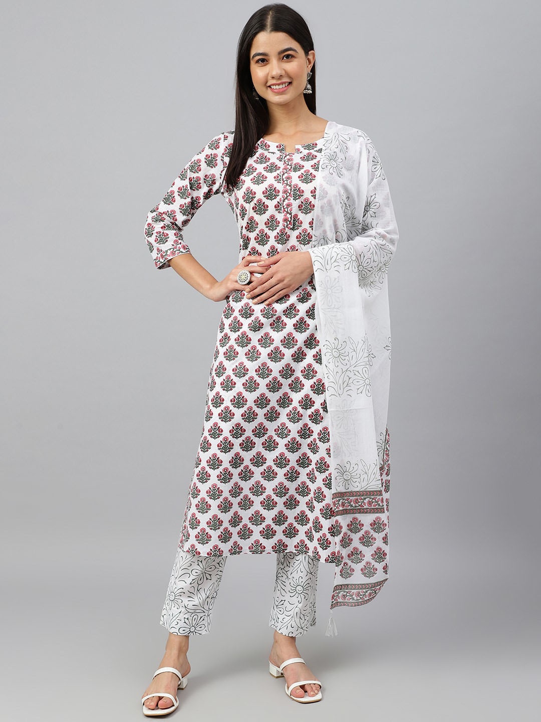 

Janasya Women White Cotton Floral Block Print Kurta with Trouser and Dupatta