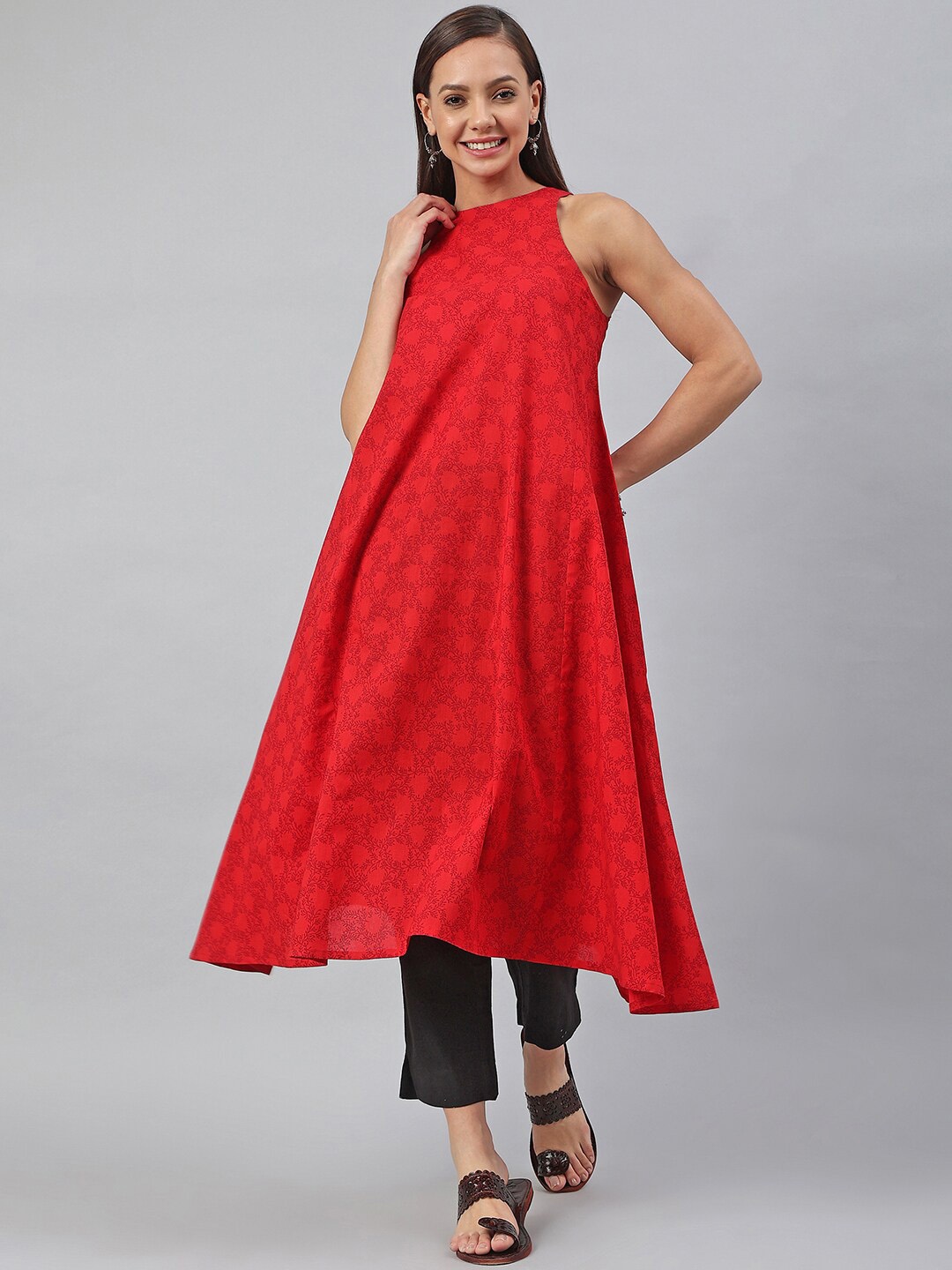 

Janasya Women Red Cotton Botanical Print Flared Kurta