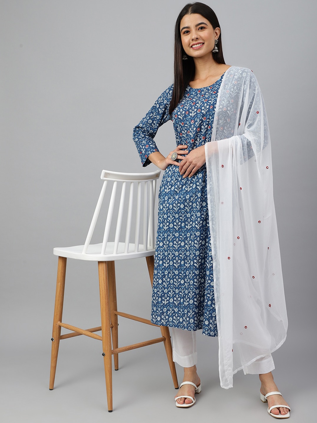 

Janasya Women Navy Blue Cotton Floral Print Kurta With Trousers & Dupatta