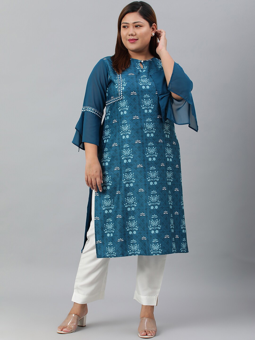 

XL LOVE by Janasya Women Plus Size Teal Poly Crepe Printed Straight Kurta