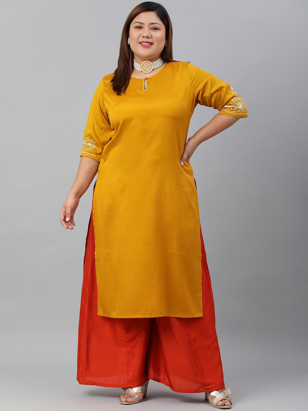 

XL LOVE by Janasya Plus Size Embroidered Poly Silk Straight kurta, Mustard